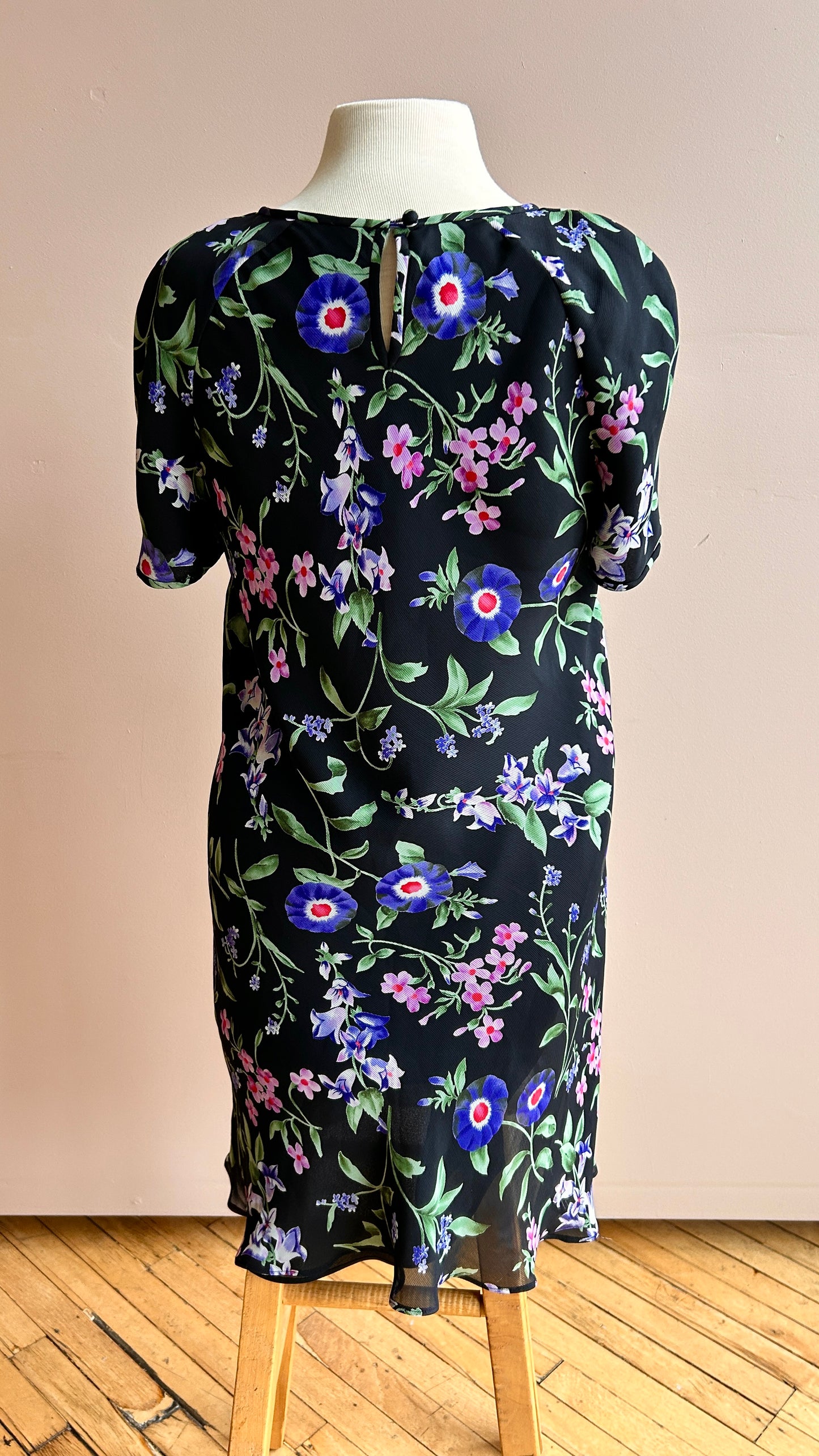1990s black, purple, + pink floral mini dress, sz. large/XL