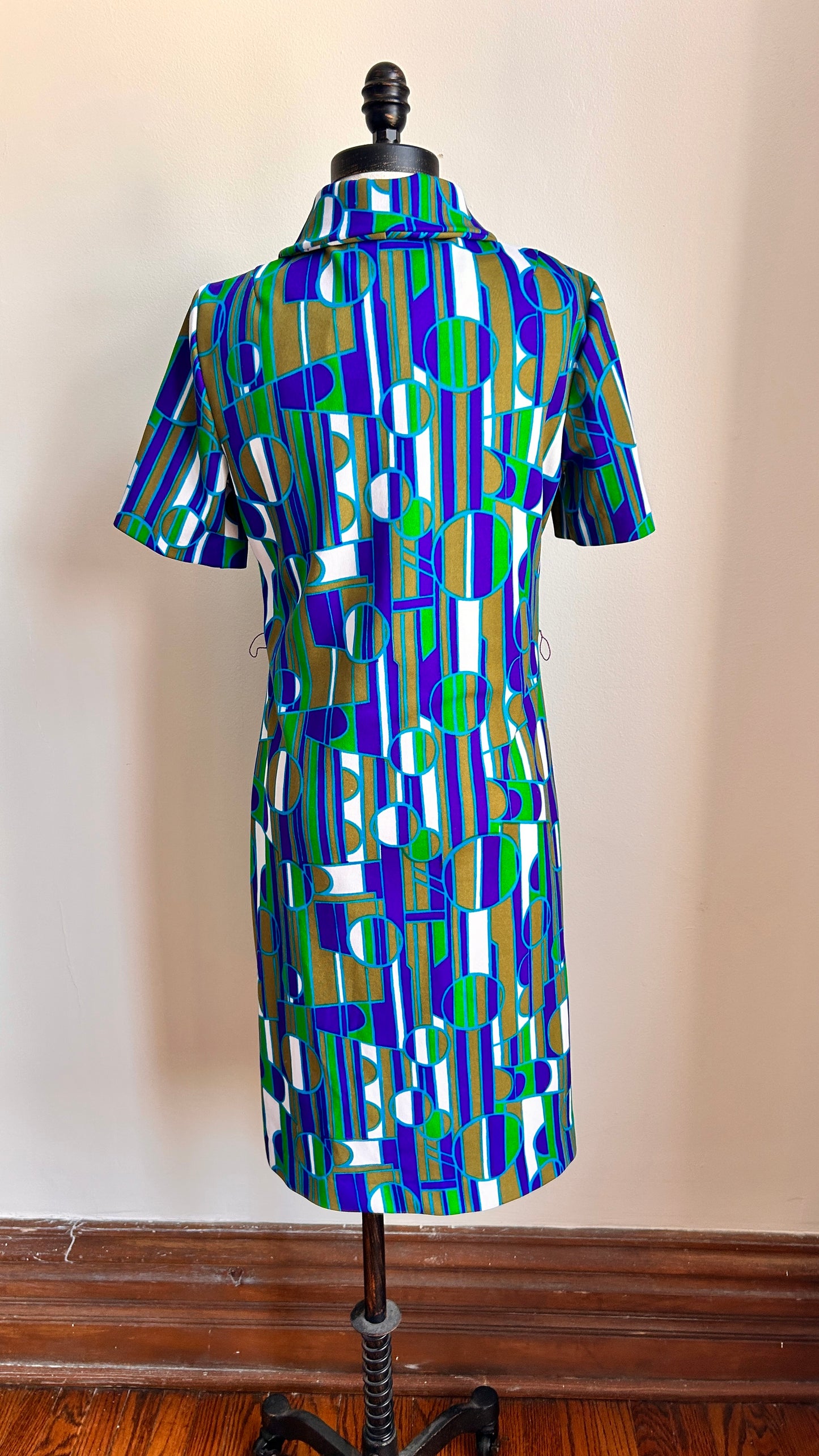 1970s blue + green geometric zip-up mini dress, sz. medium