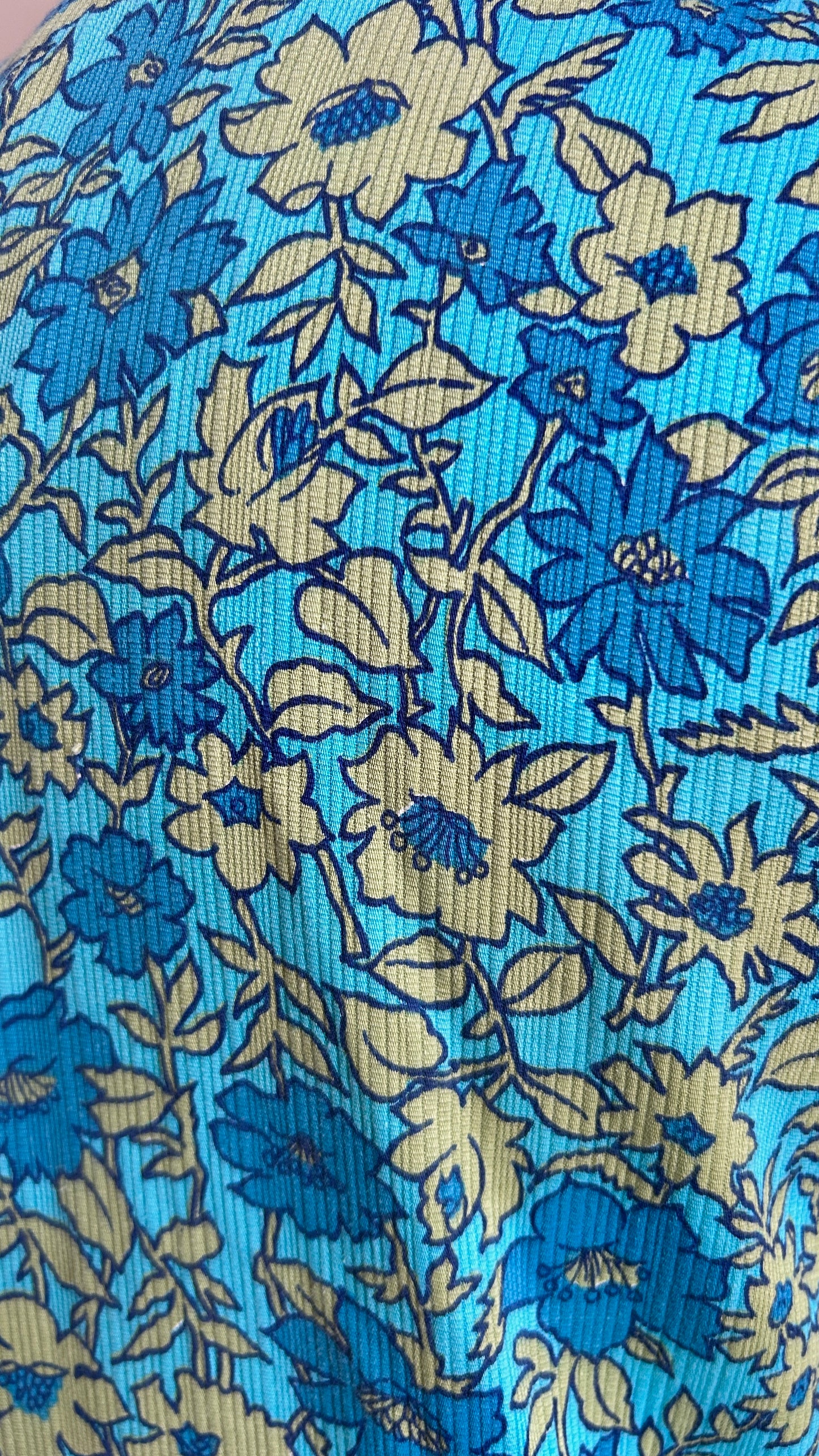 1970s blue floral shirt dress, sz. small