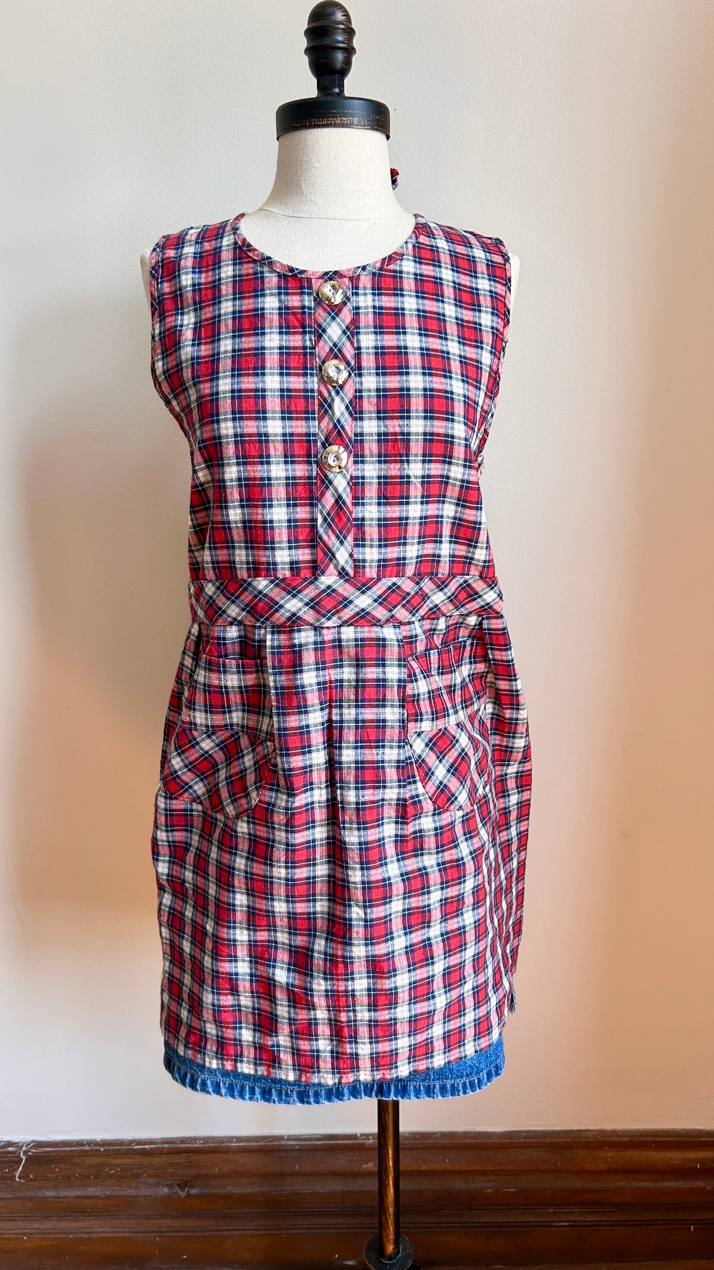 1960s red plaid apron top, sz. small