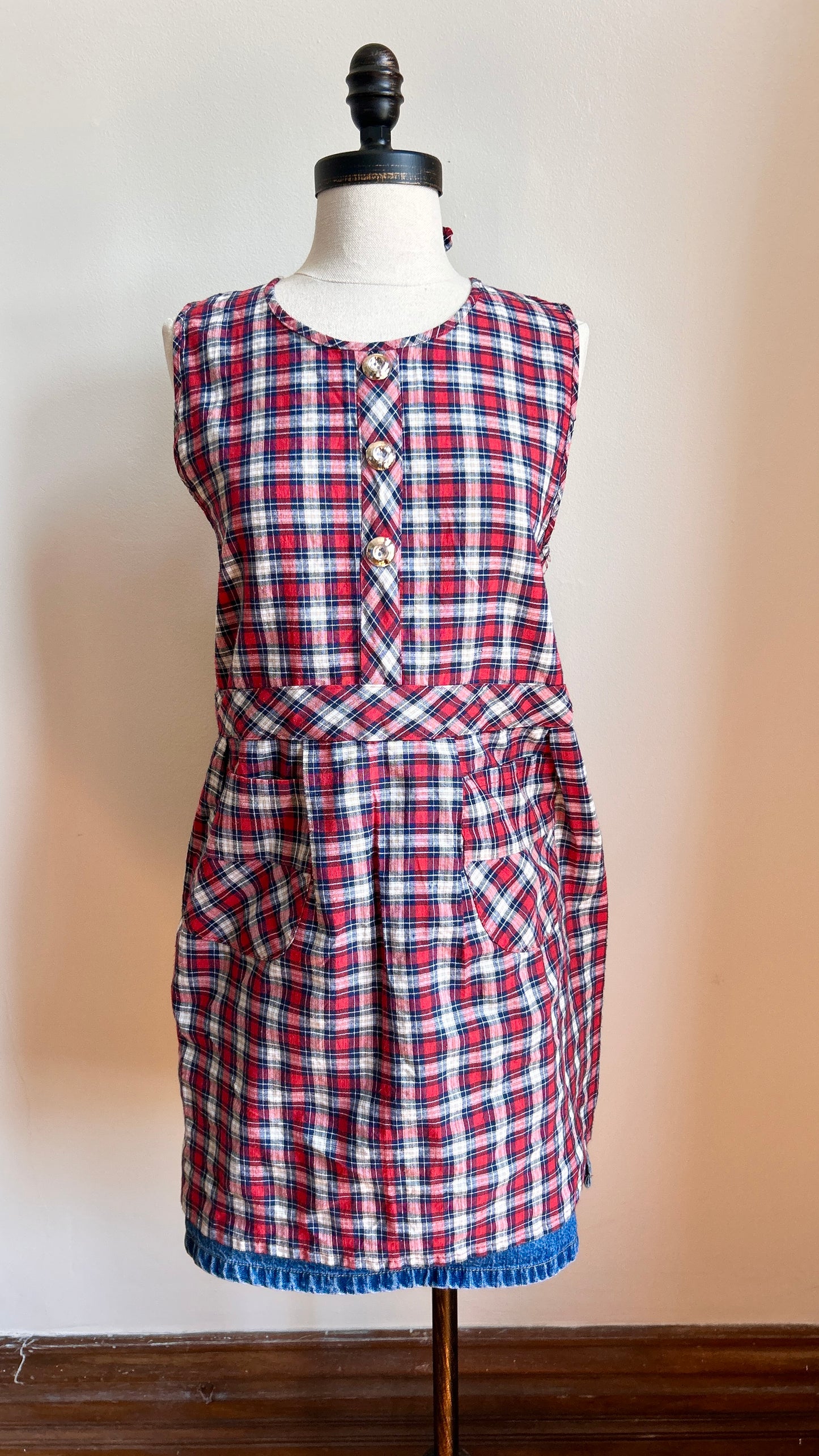 1960s red plaid apron top, sz. small