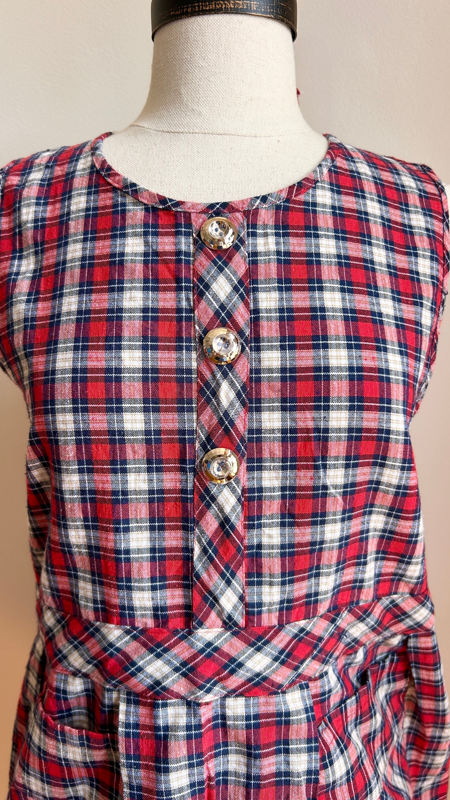 1960s red plaid apron top, sz. small