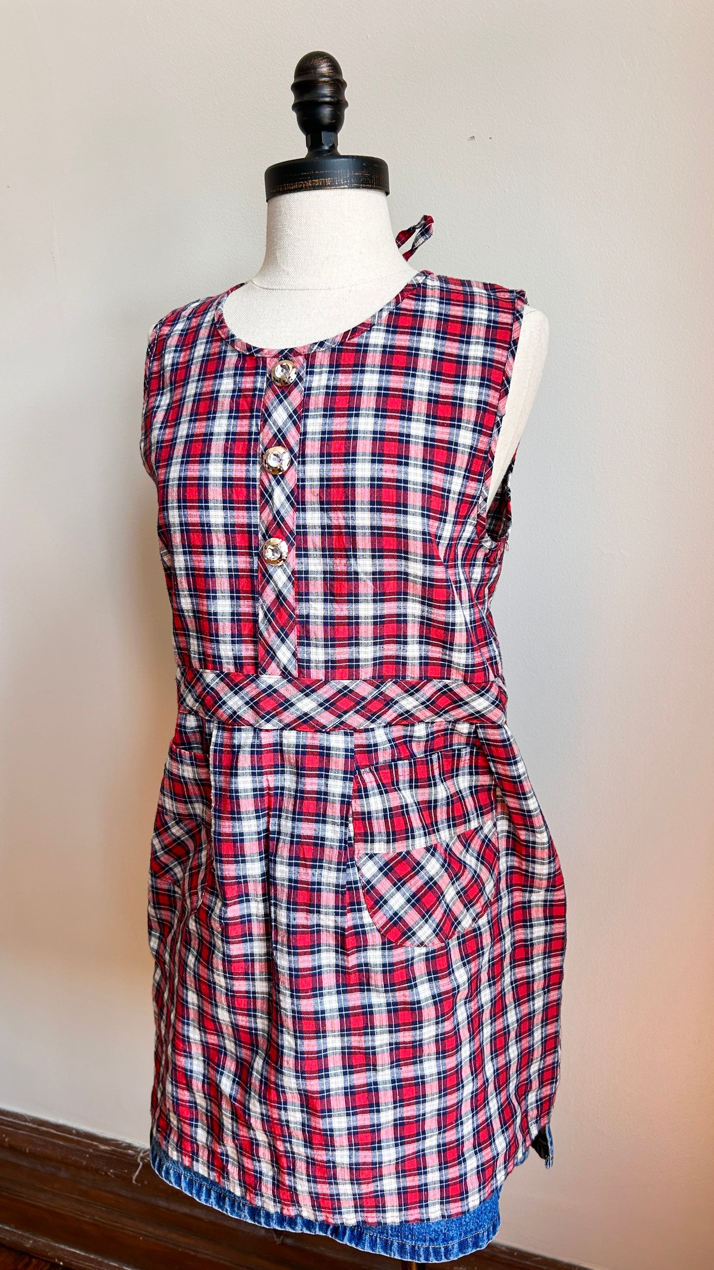 1960s red plaid apron top, sz. small