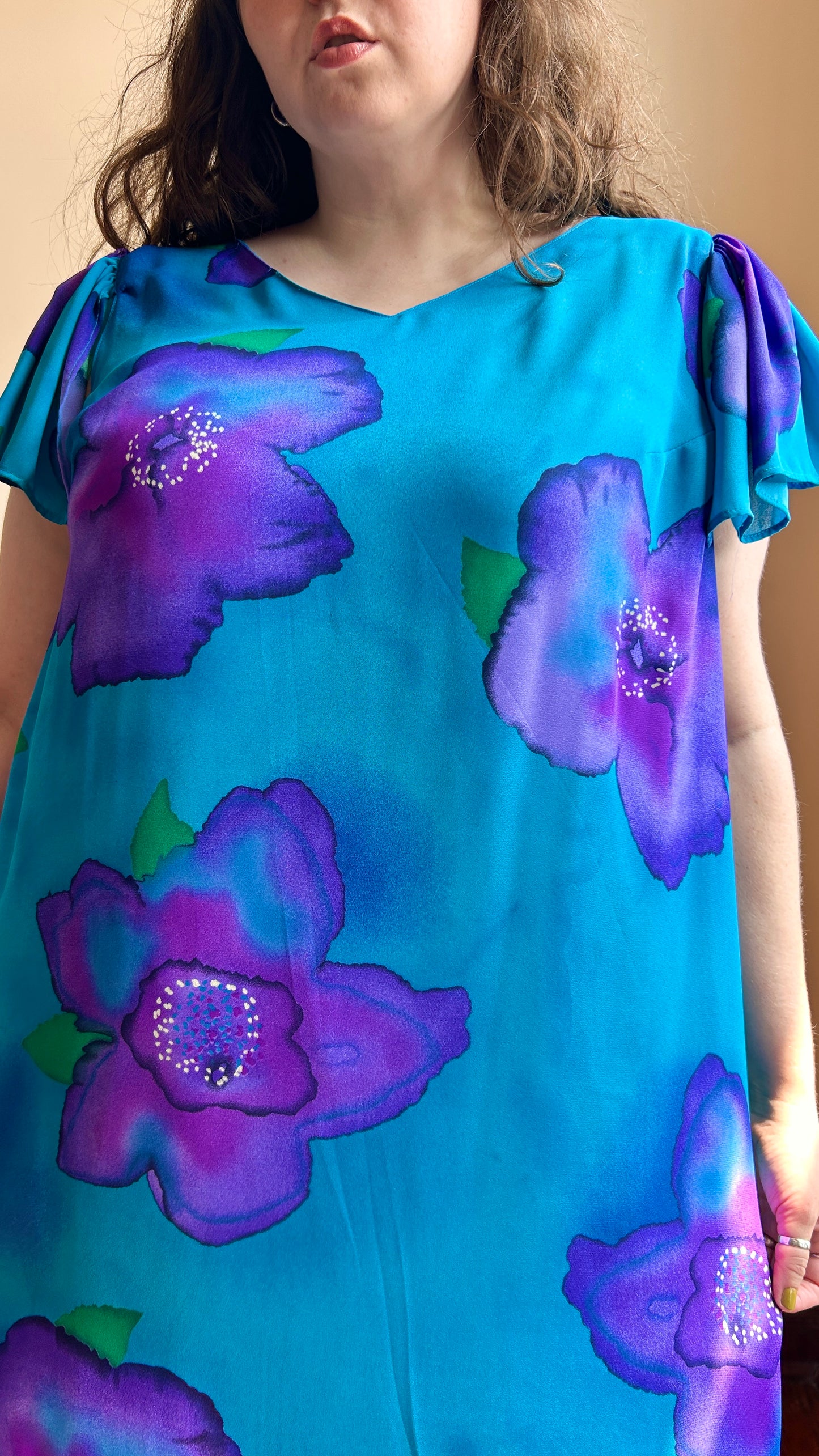 1980s teal + purple floral dress, sz. 2X