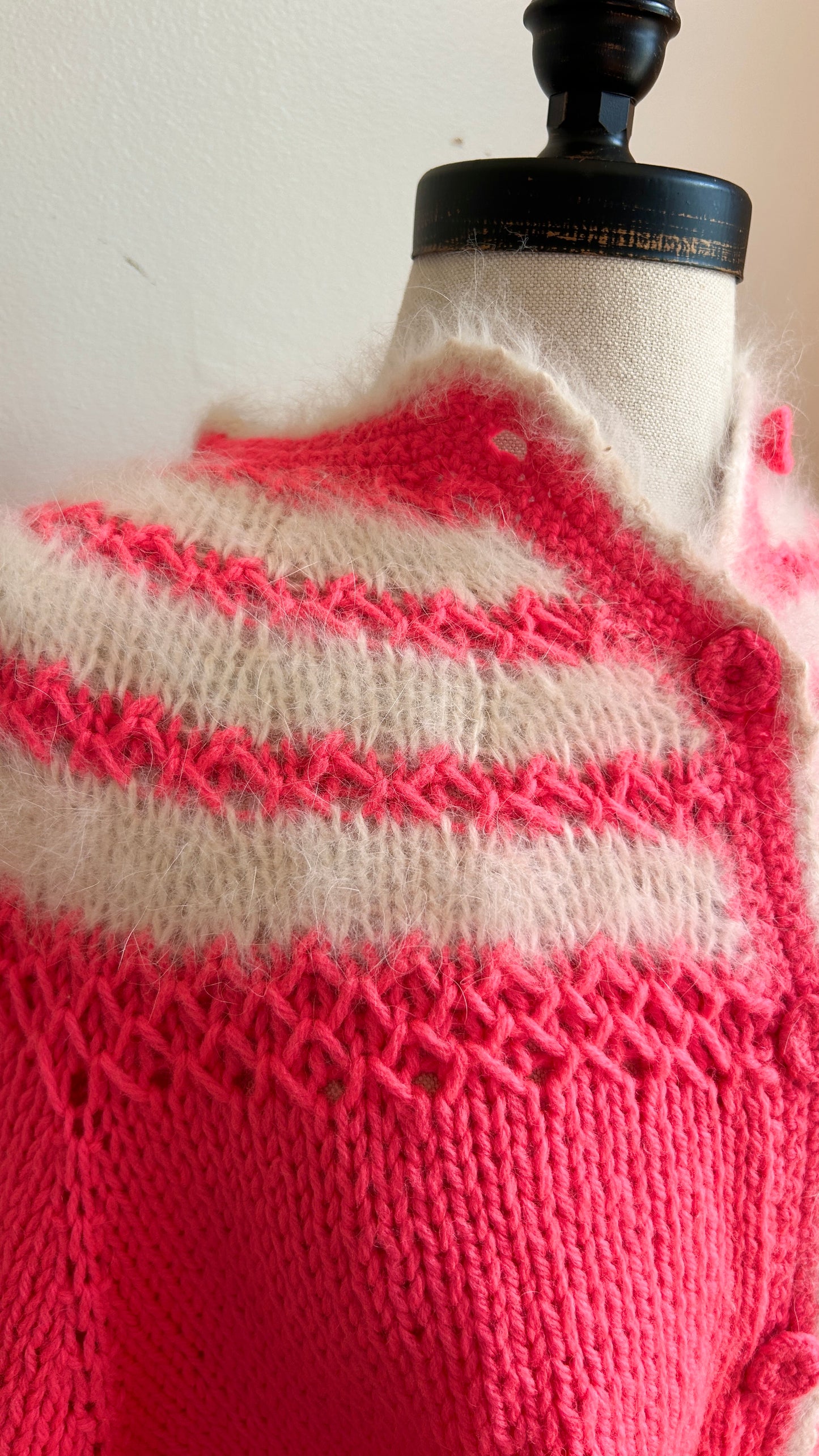 1980s pink + white fuzzy knit cardigan, sz. 1X