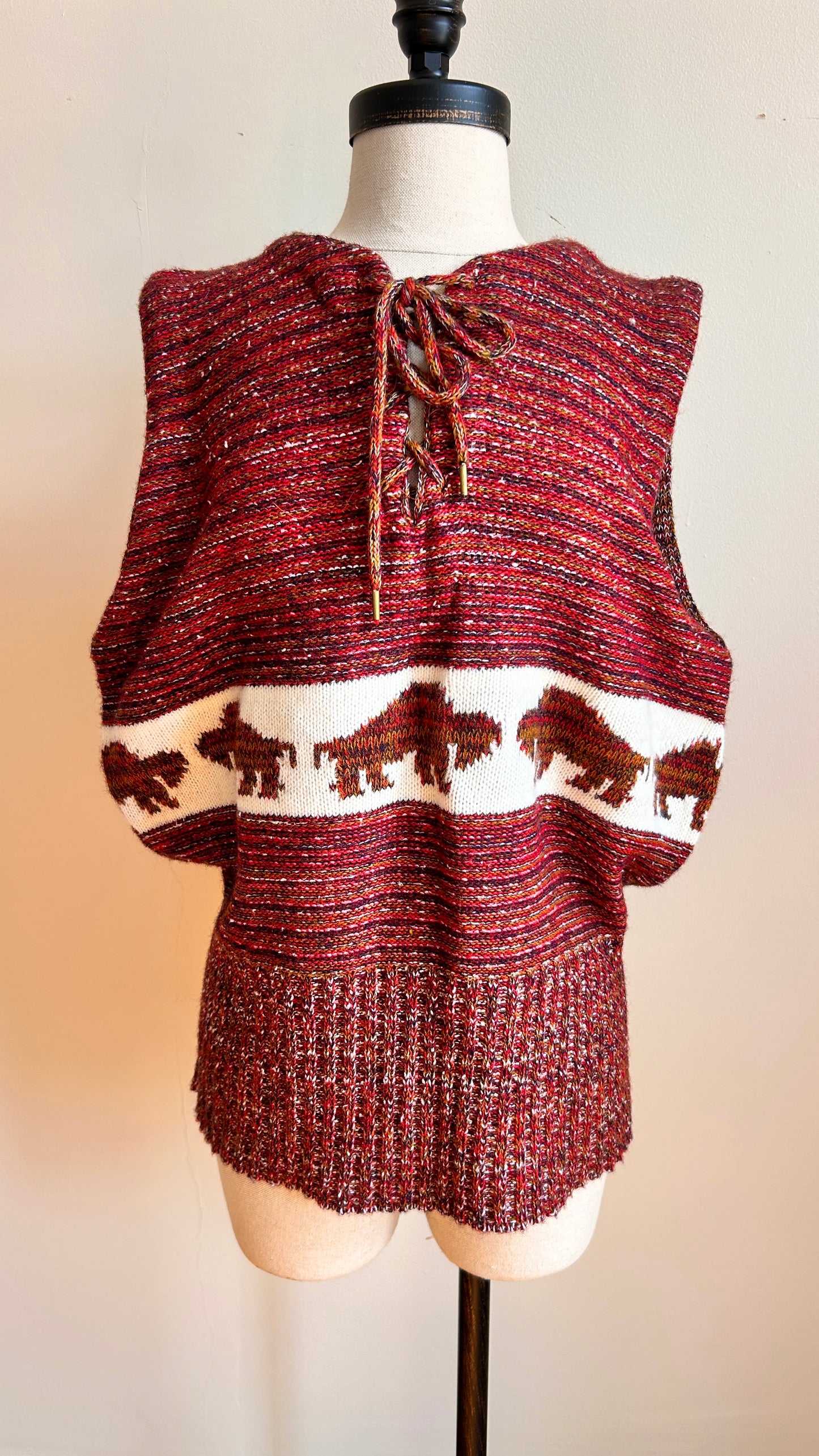1970s red bison pattern sweater vest, sz. large