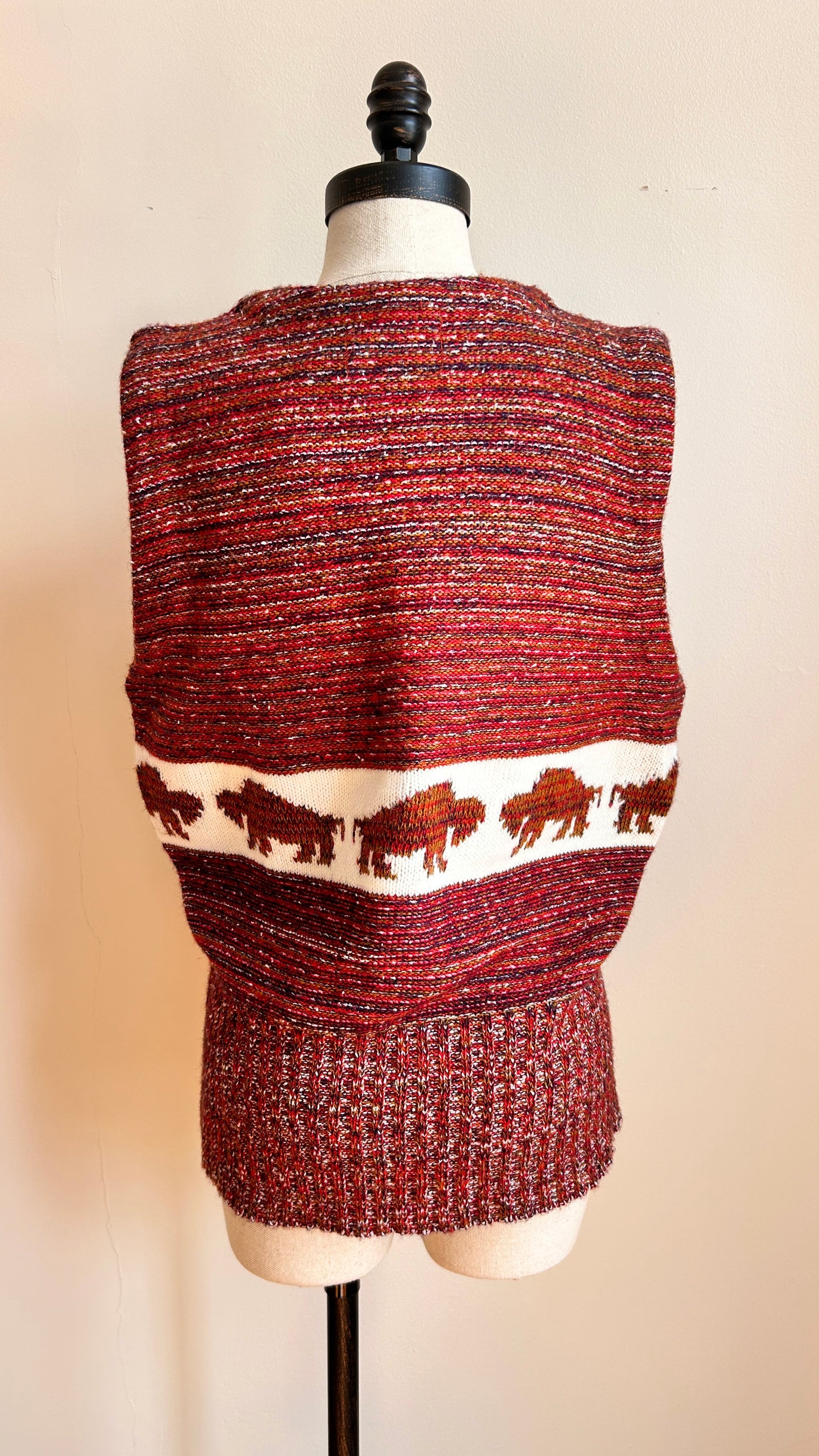 1970s red bison pattern sweater vest, sz. large