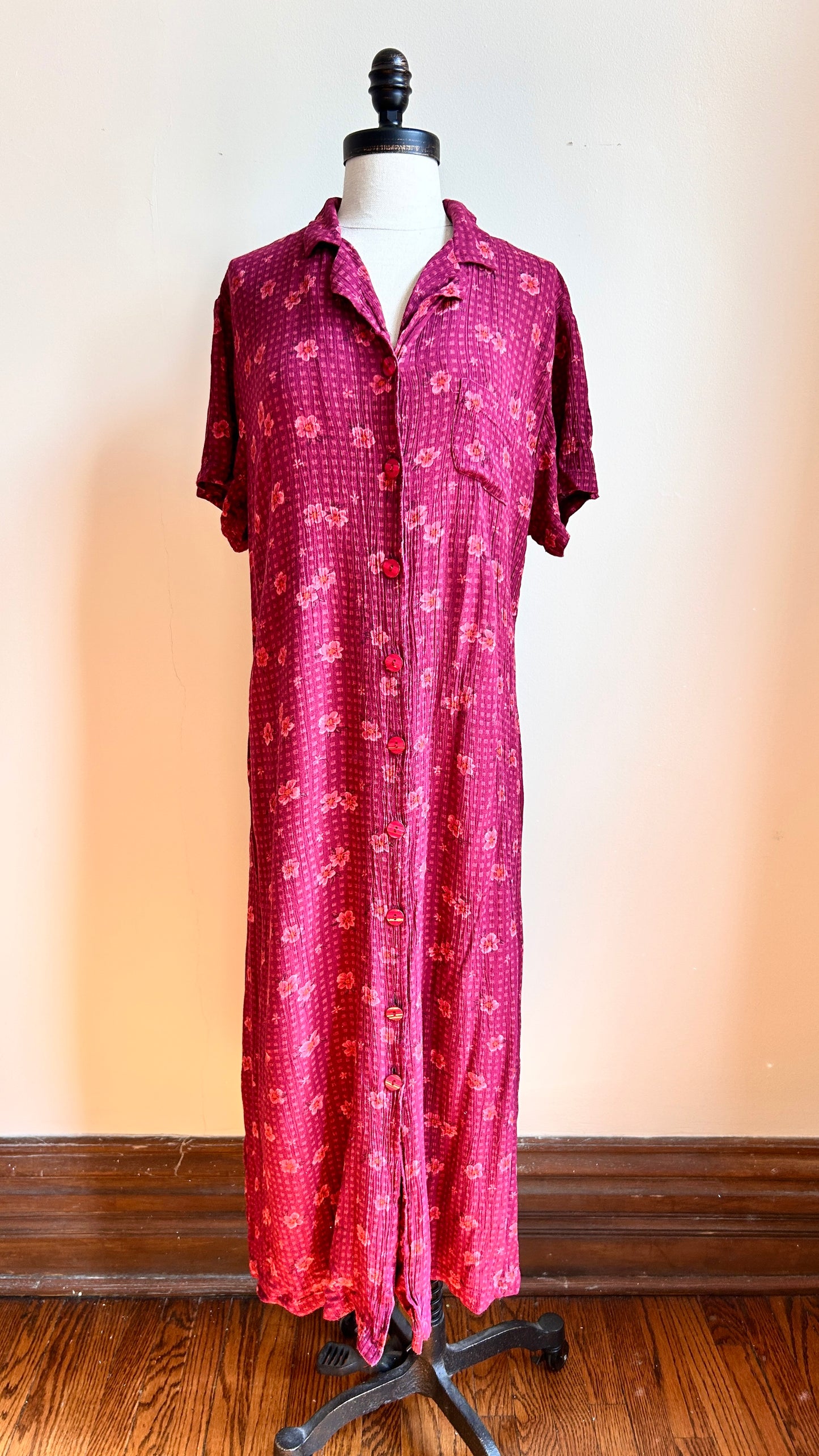 1990s maroon floral maxi dress, sz. large