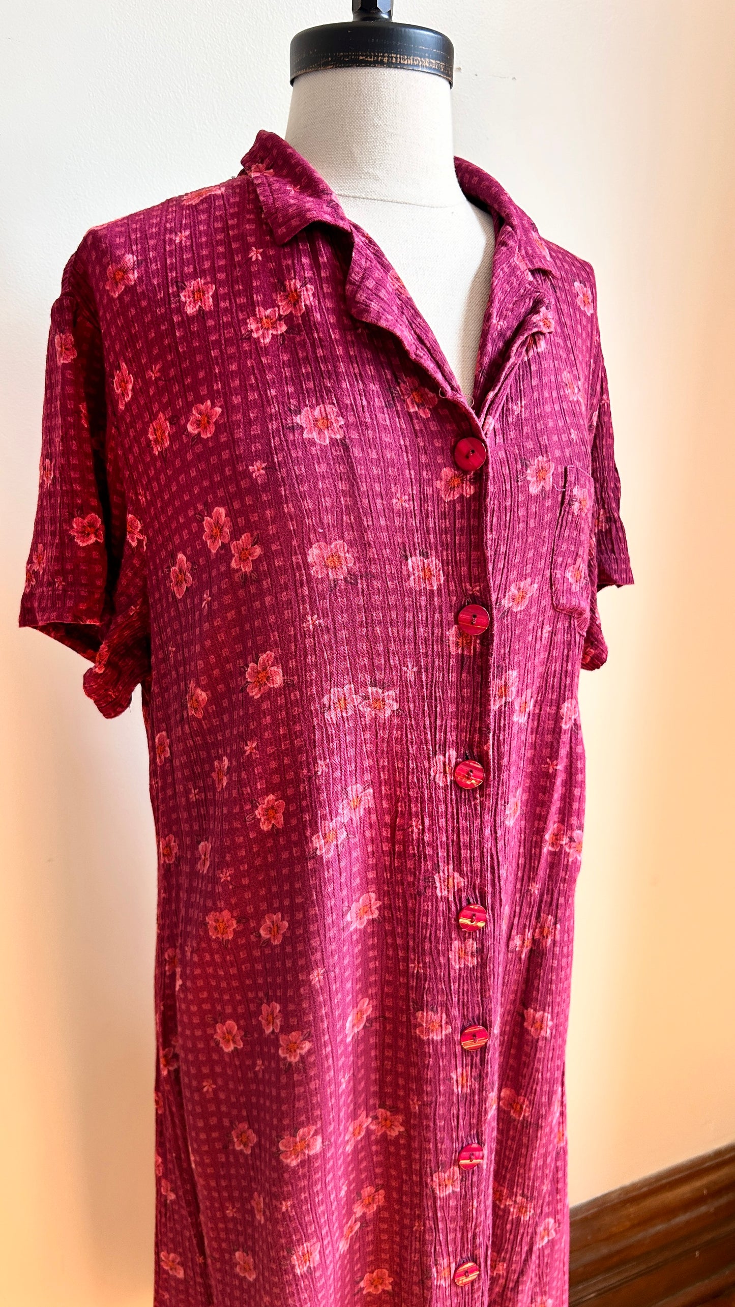 1990s maroon floral maxi dress, sz. large