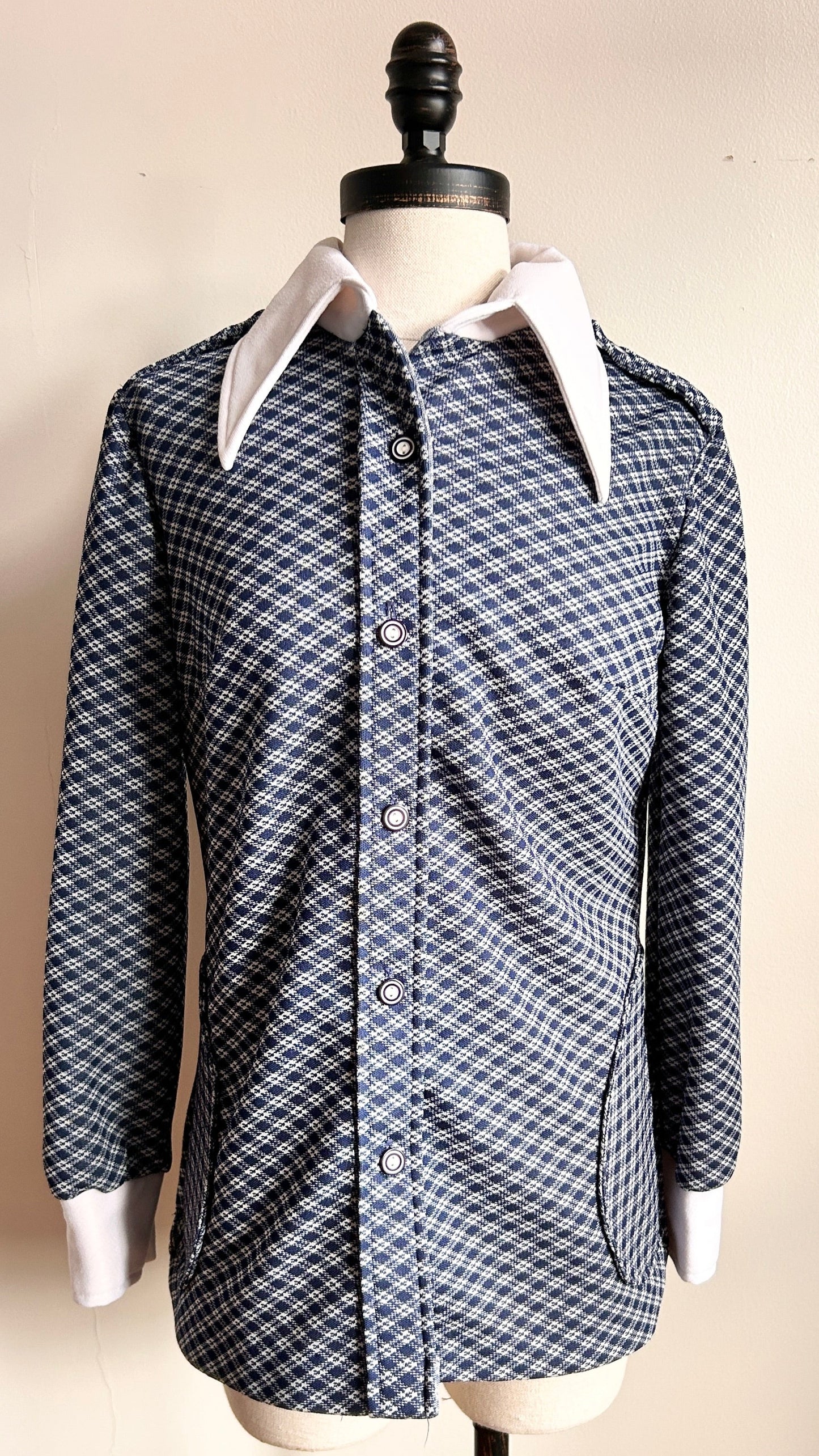 1970s navy plaid dagger collar shirt, sz. medium