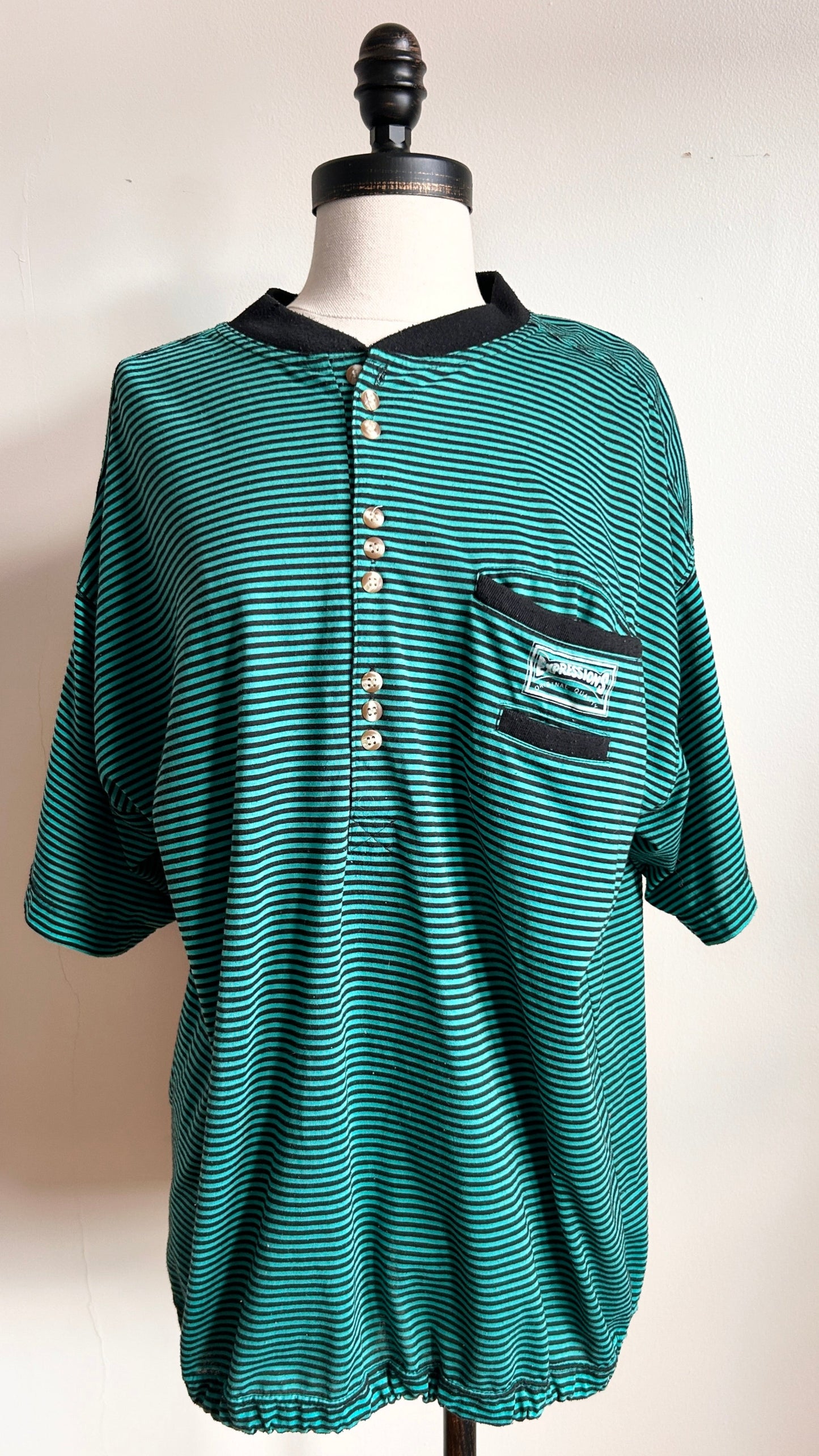 1990s teal + black striped tee, sz. XL/1X