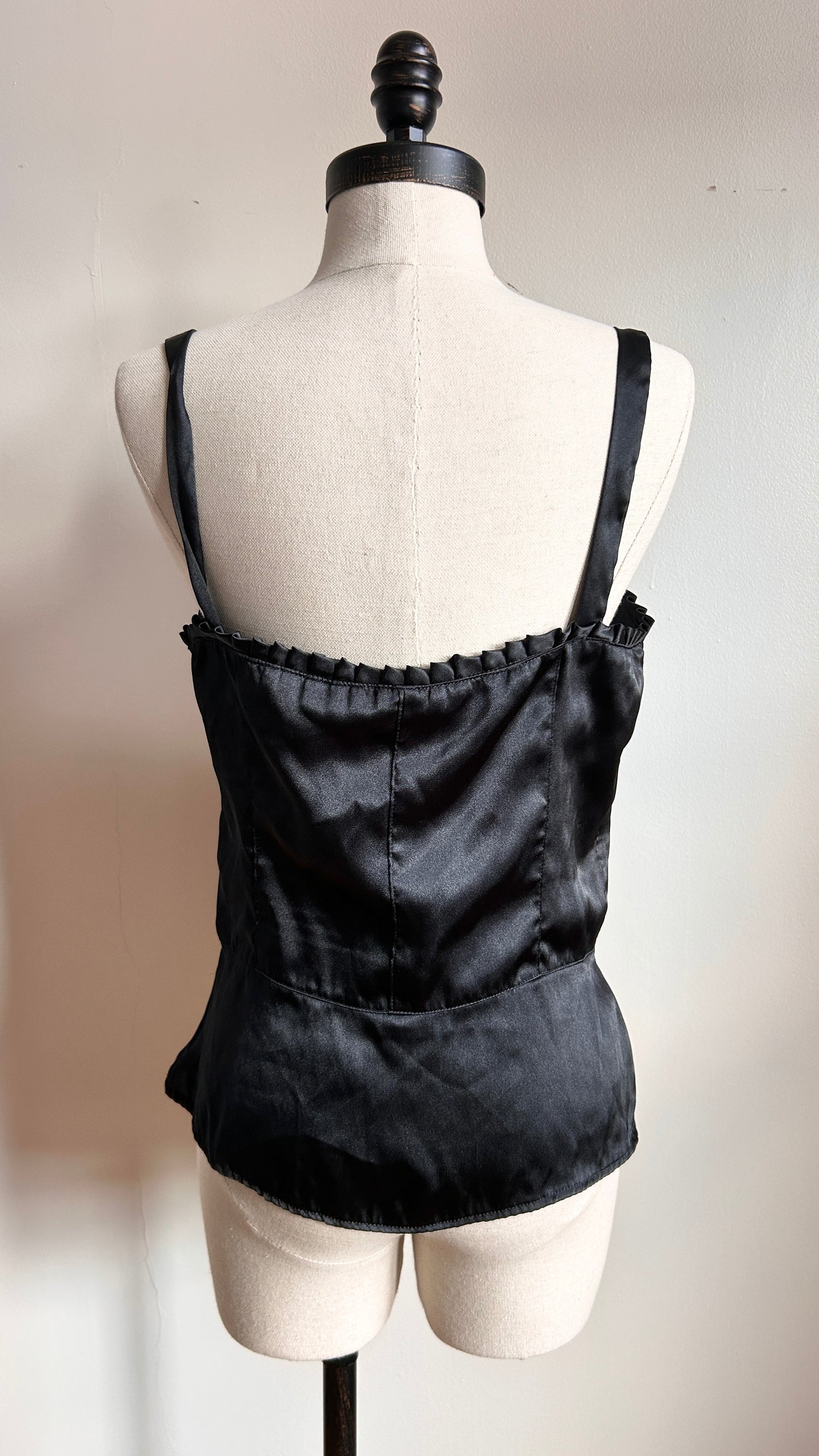 2000s black satin ruffled tank top, sz. medium