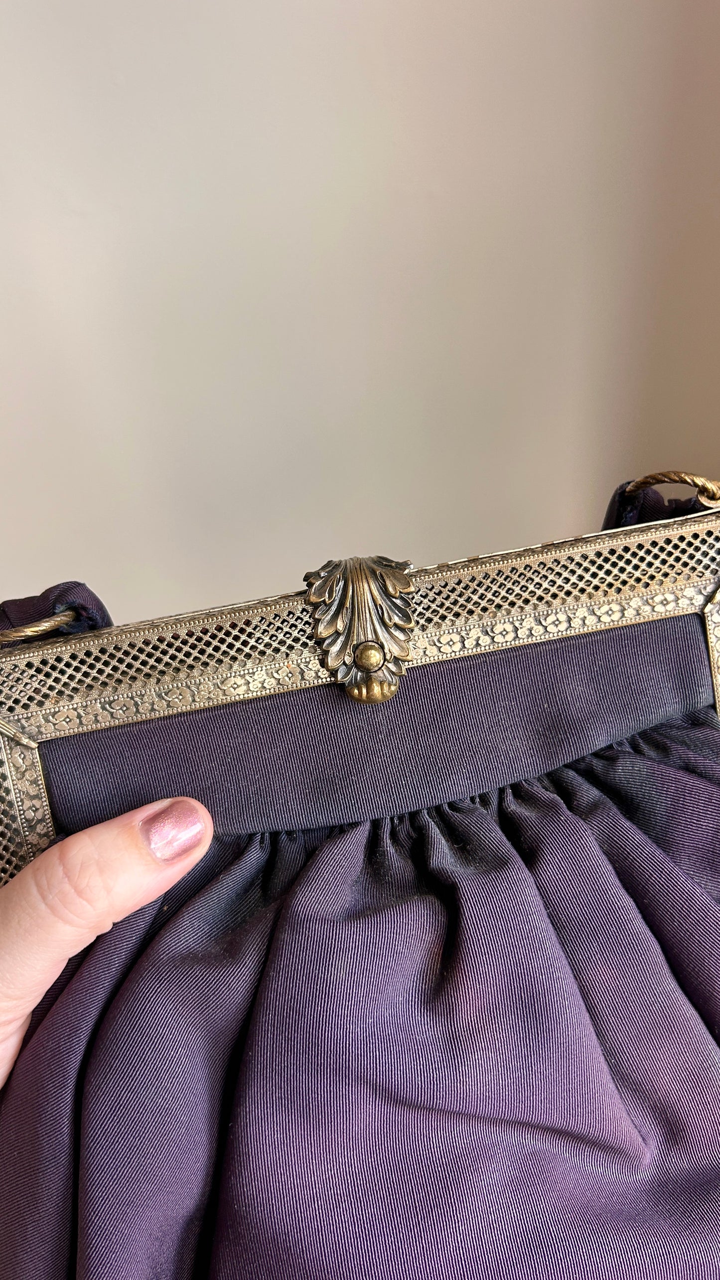 1940s black + brass filigree evening bag