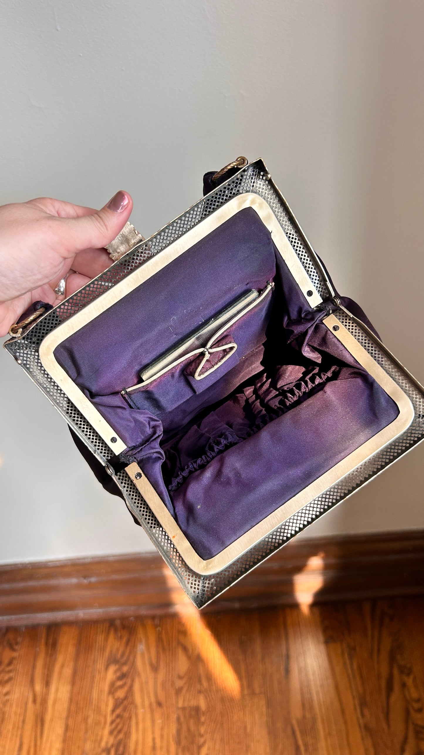 1940s black + brass filigree evening bag