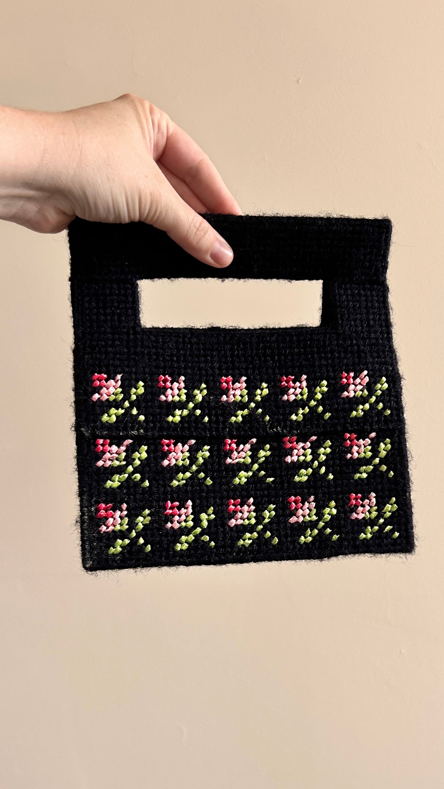 vintage handmade black floral needlepoint handbag