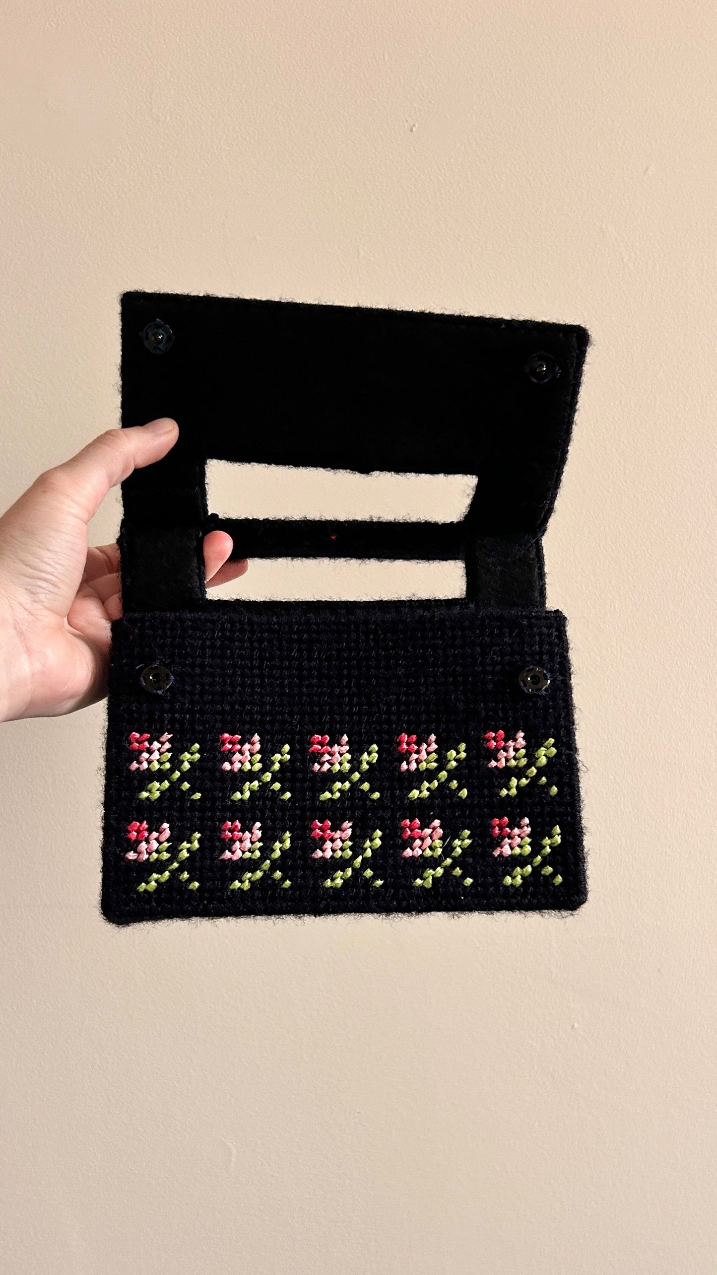 vintage handmade black floral needlepoint handbag