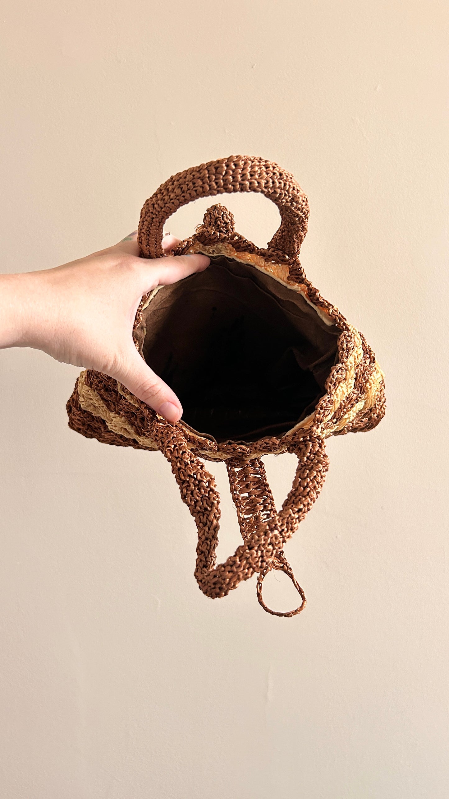 1970s brown + tan woven handbag