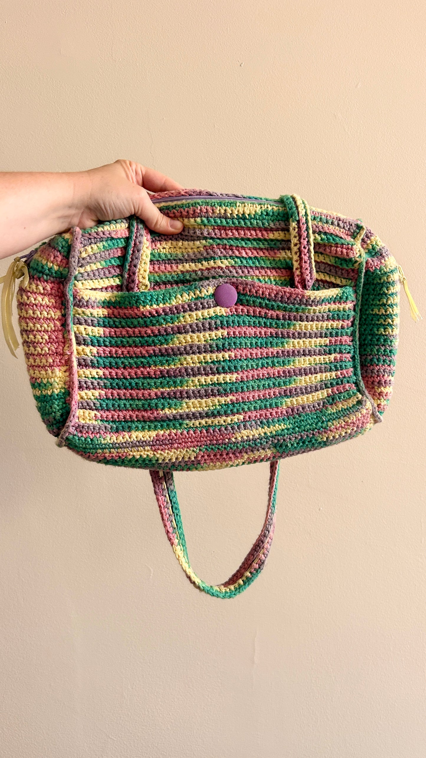 vintage handmade pastel crochet shoulder bag
