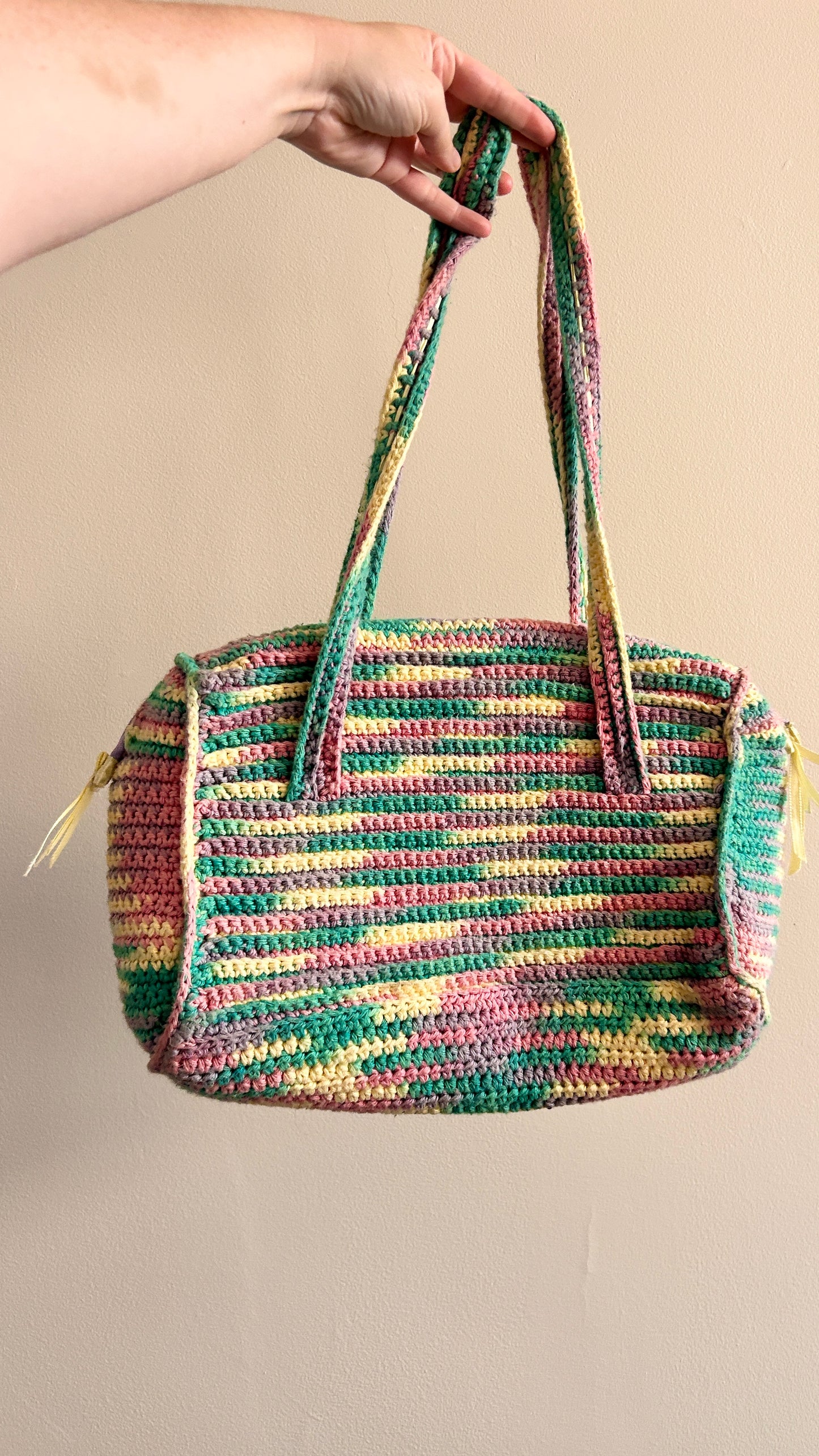 vintage handmade pastel crochet shoulder bag