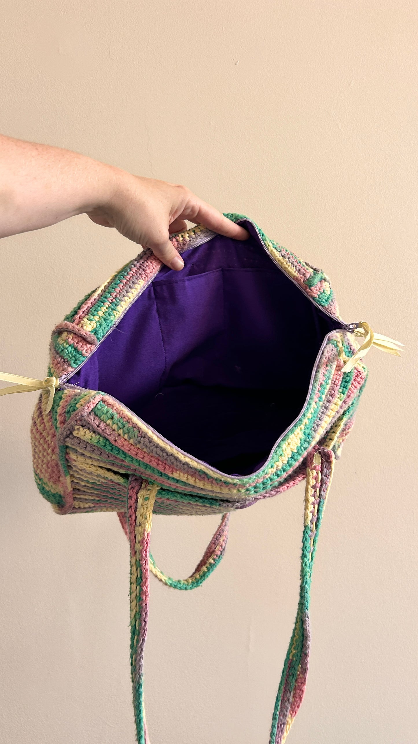 vintage handmade pastel crochet shoulder bag