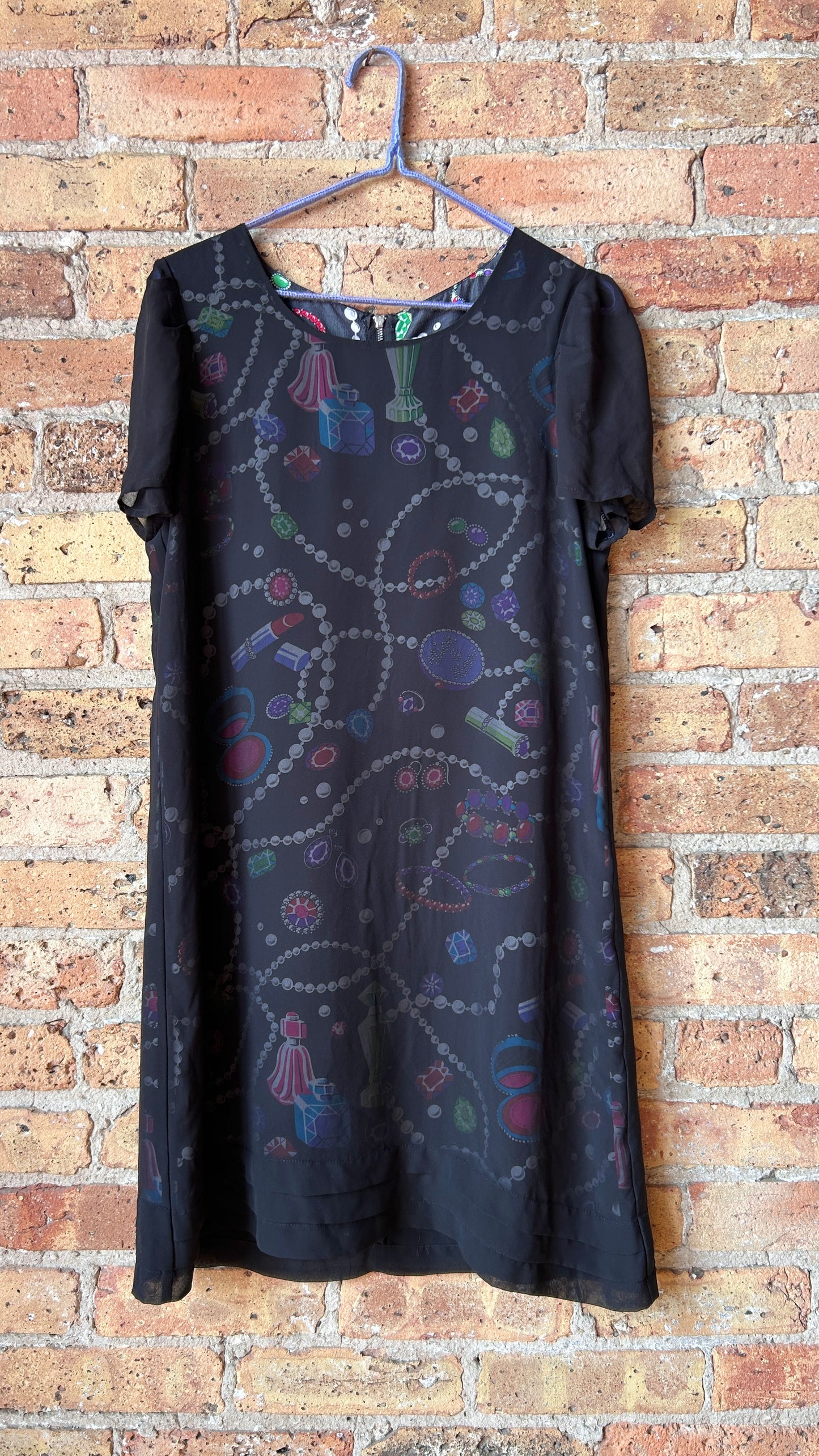 1990s makeup + jewelry pattern dress with sheer overlay, sz. small