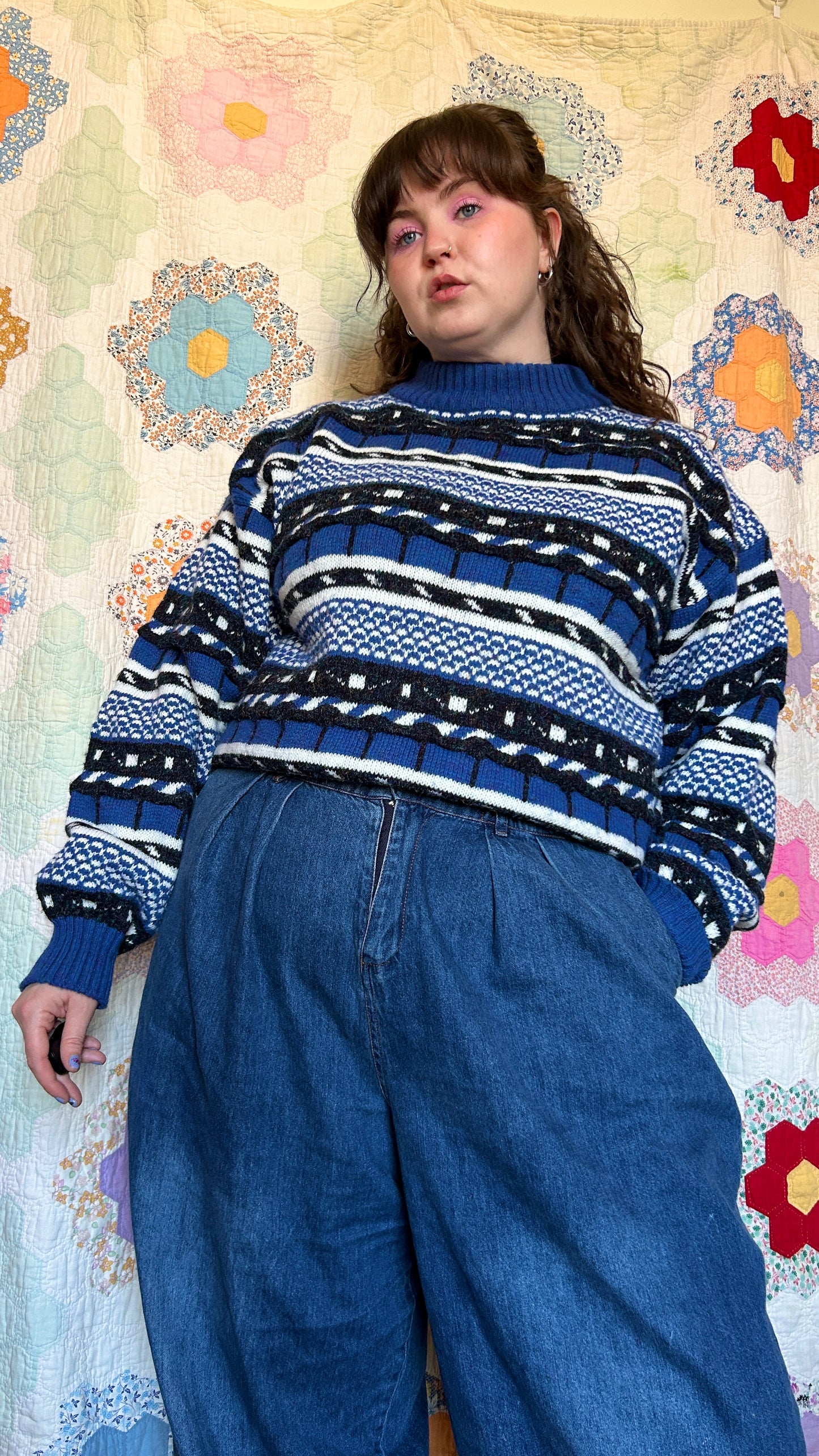 1990s blue + black patterned sweater, sz. 1X/2X
