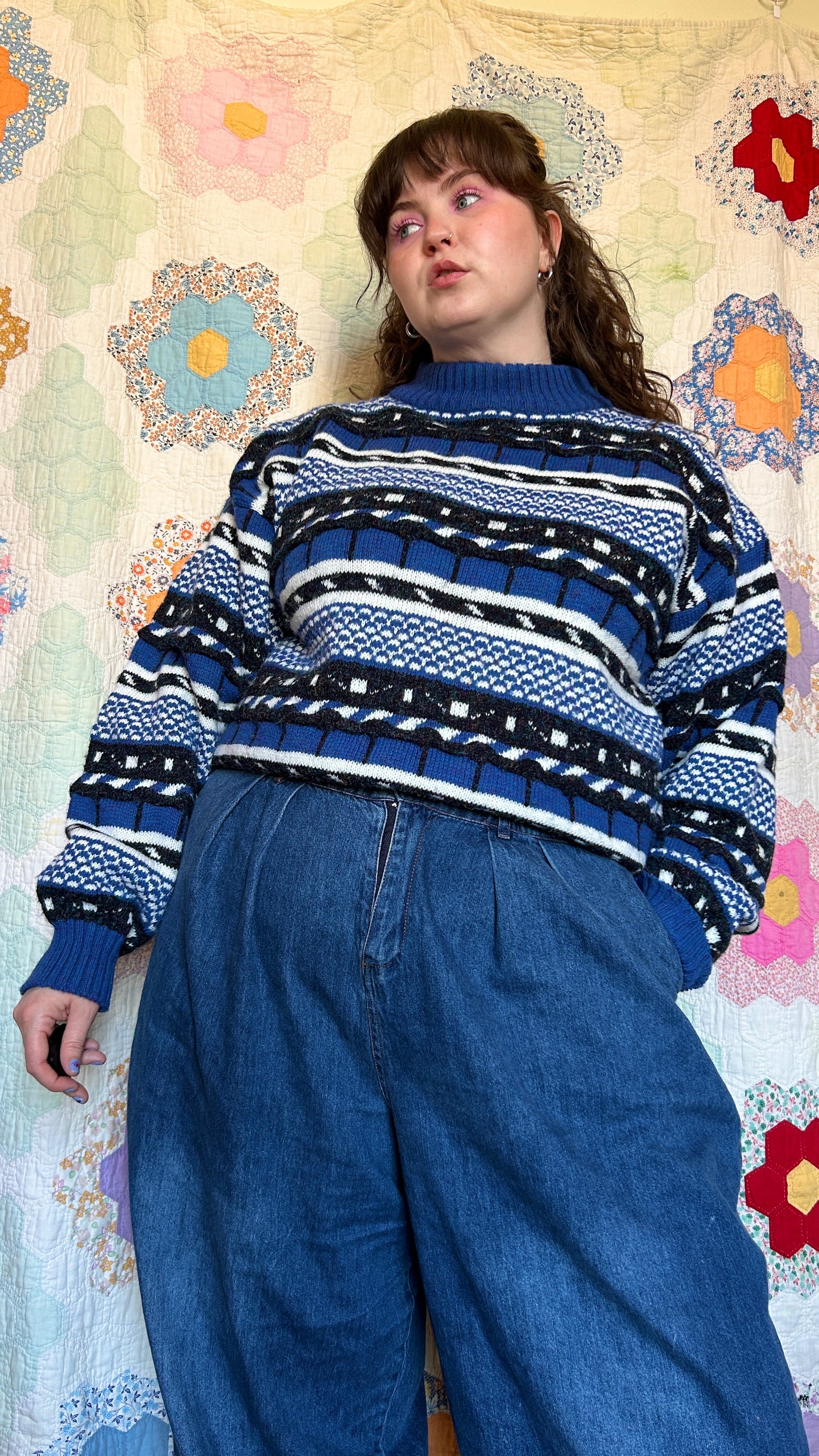 1990s blue + black patterned sweater, sz. 1X/2X
