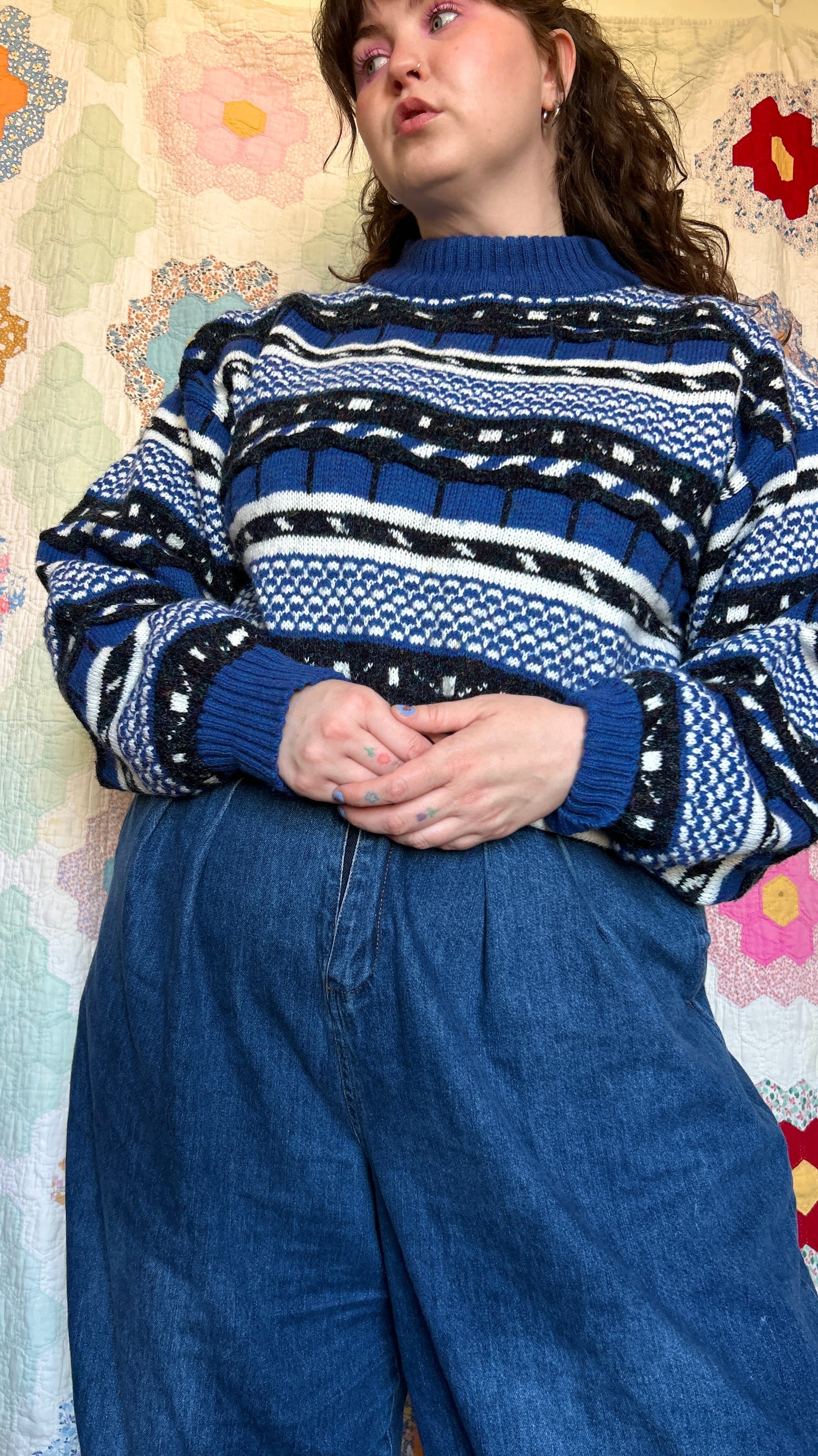 1990s blue + black patterned sweater, sz. 1X/2X