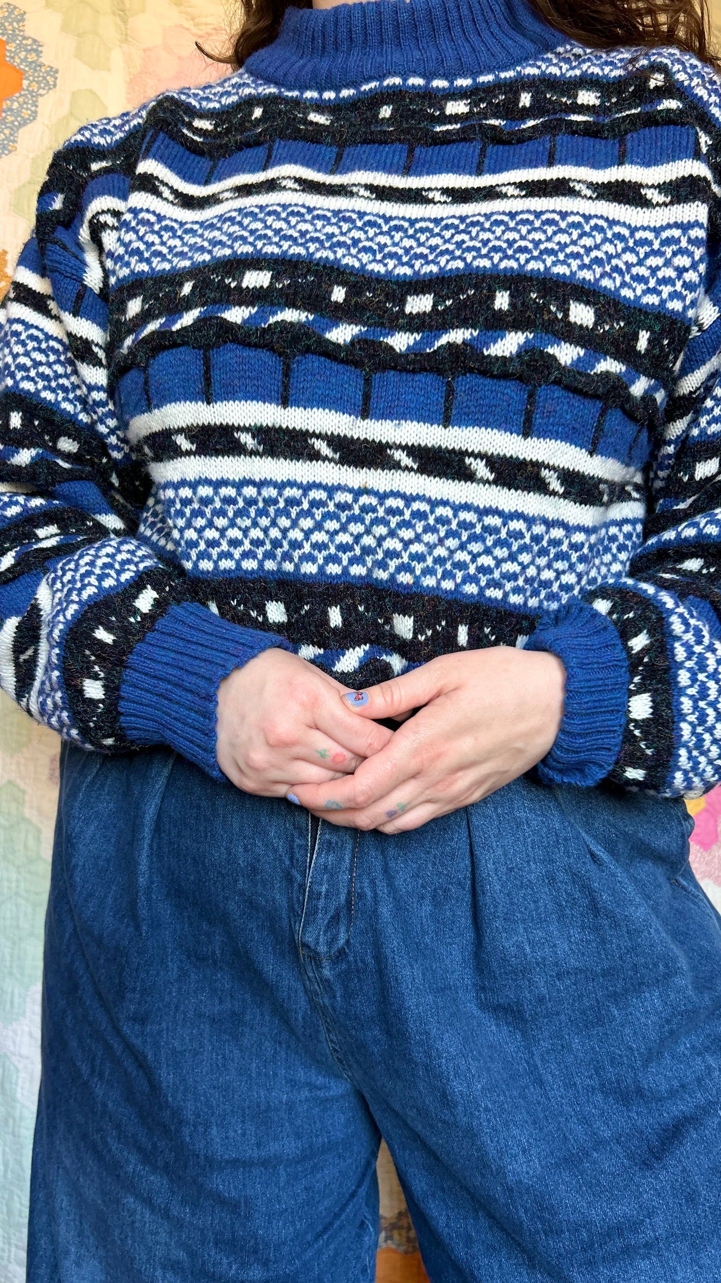 1990s blue + black patterned sweater, sz. 1X/2X