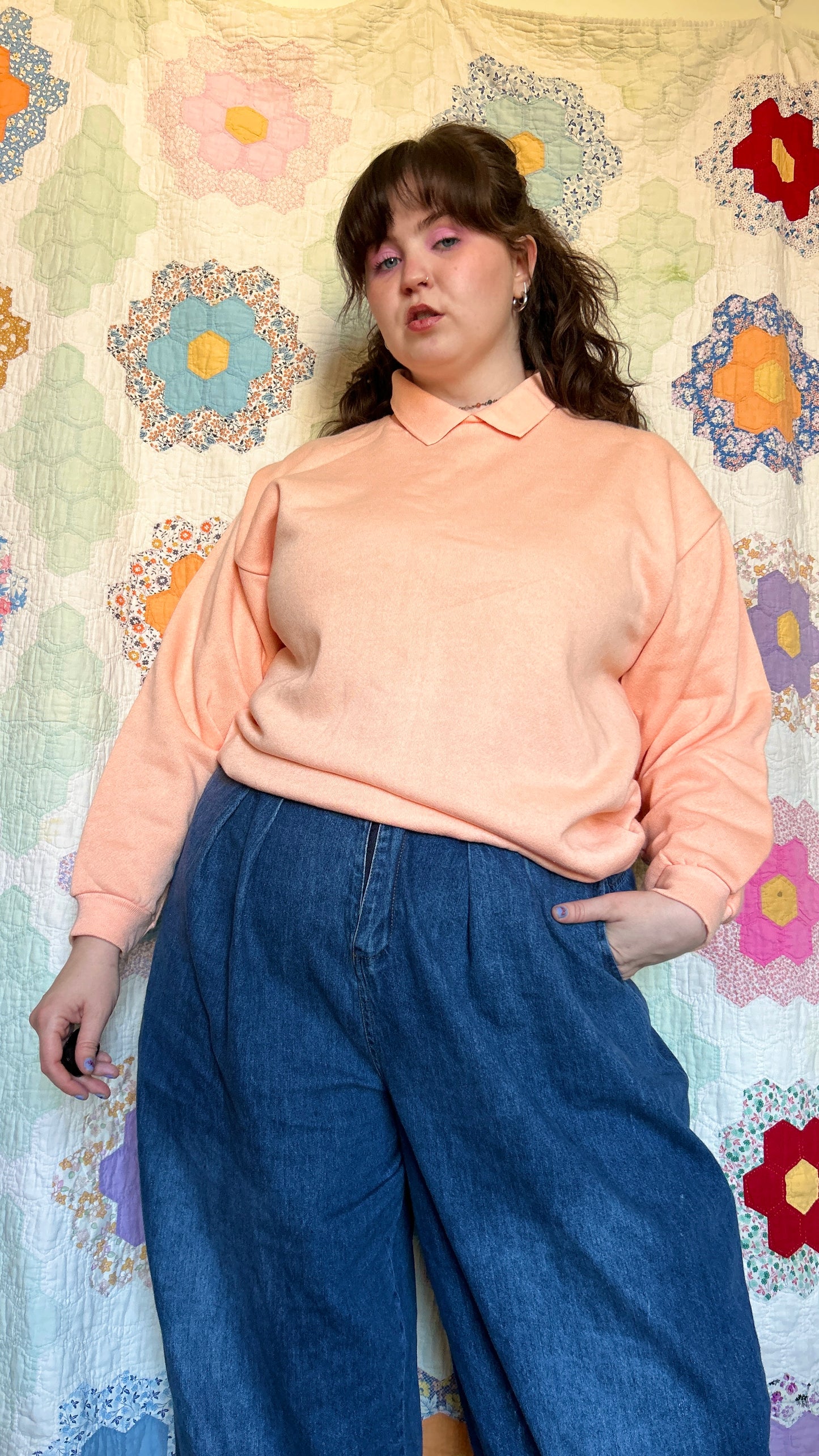1980s sherbert orange collared sweatshirt, sz. 1X
