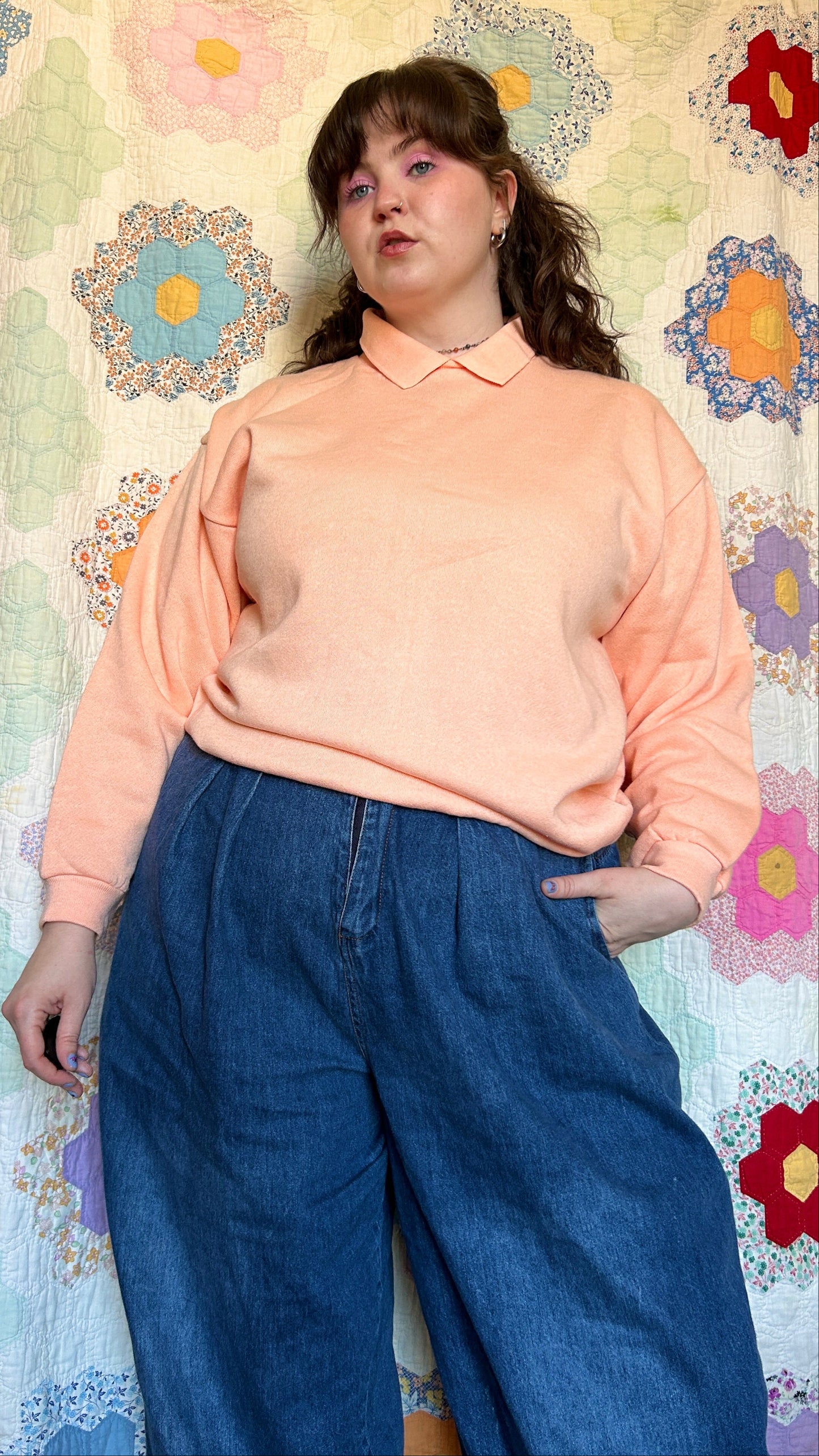 1980s sherbert orange collared sweatshirt, sz. 1X