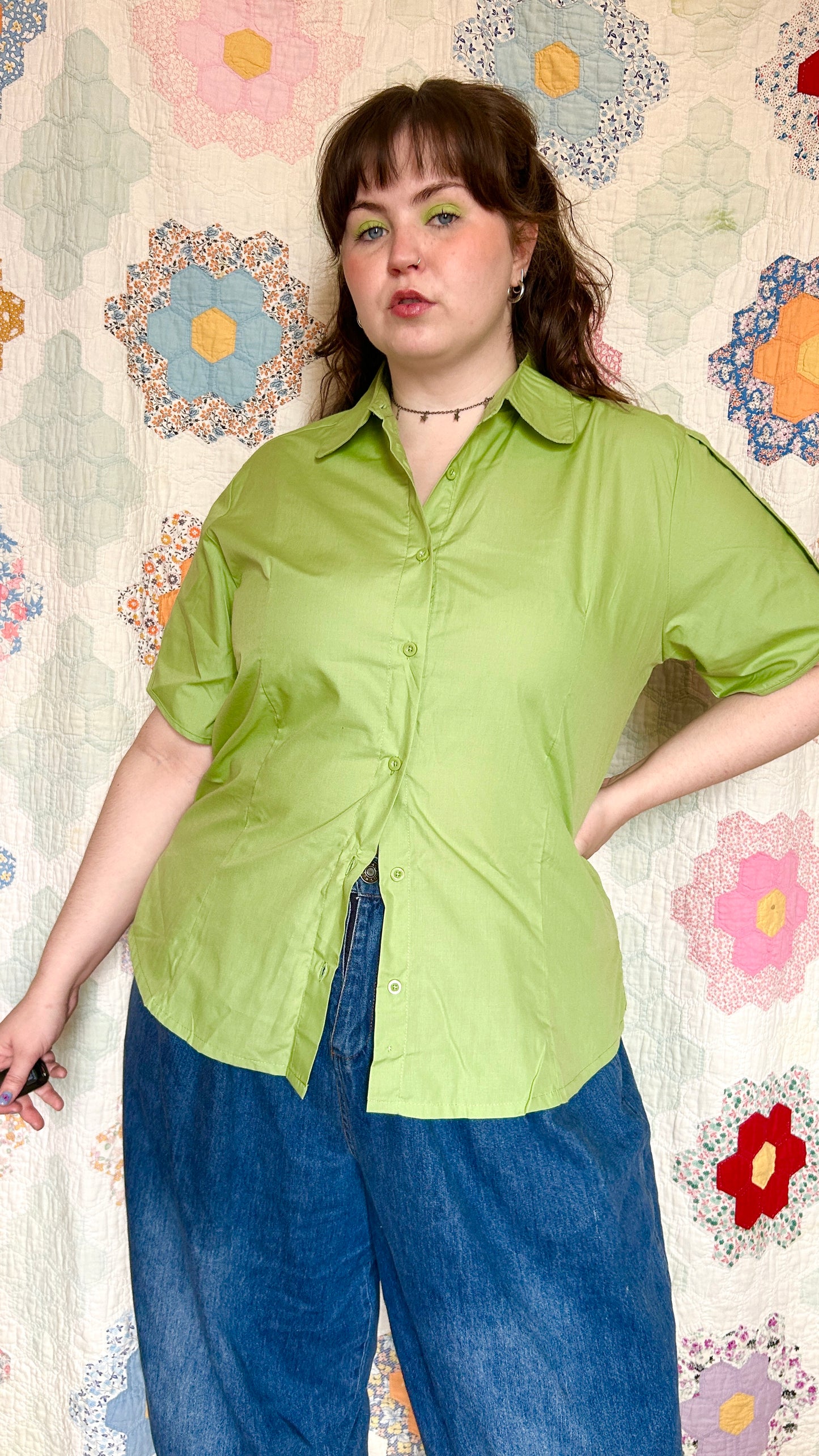 1990s lime green short-sleeved top, sz. 1X