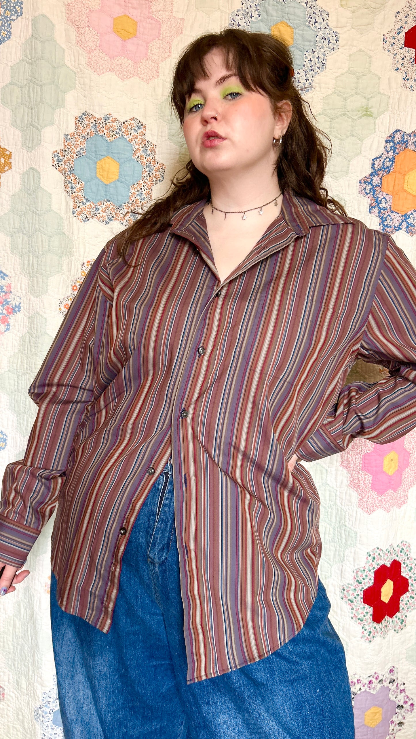 1990s faded multicolor stripe shirt, sz. 1X/2X
