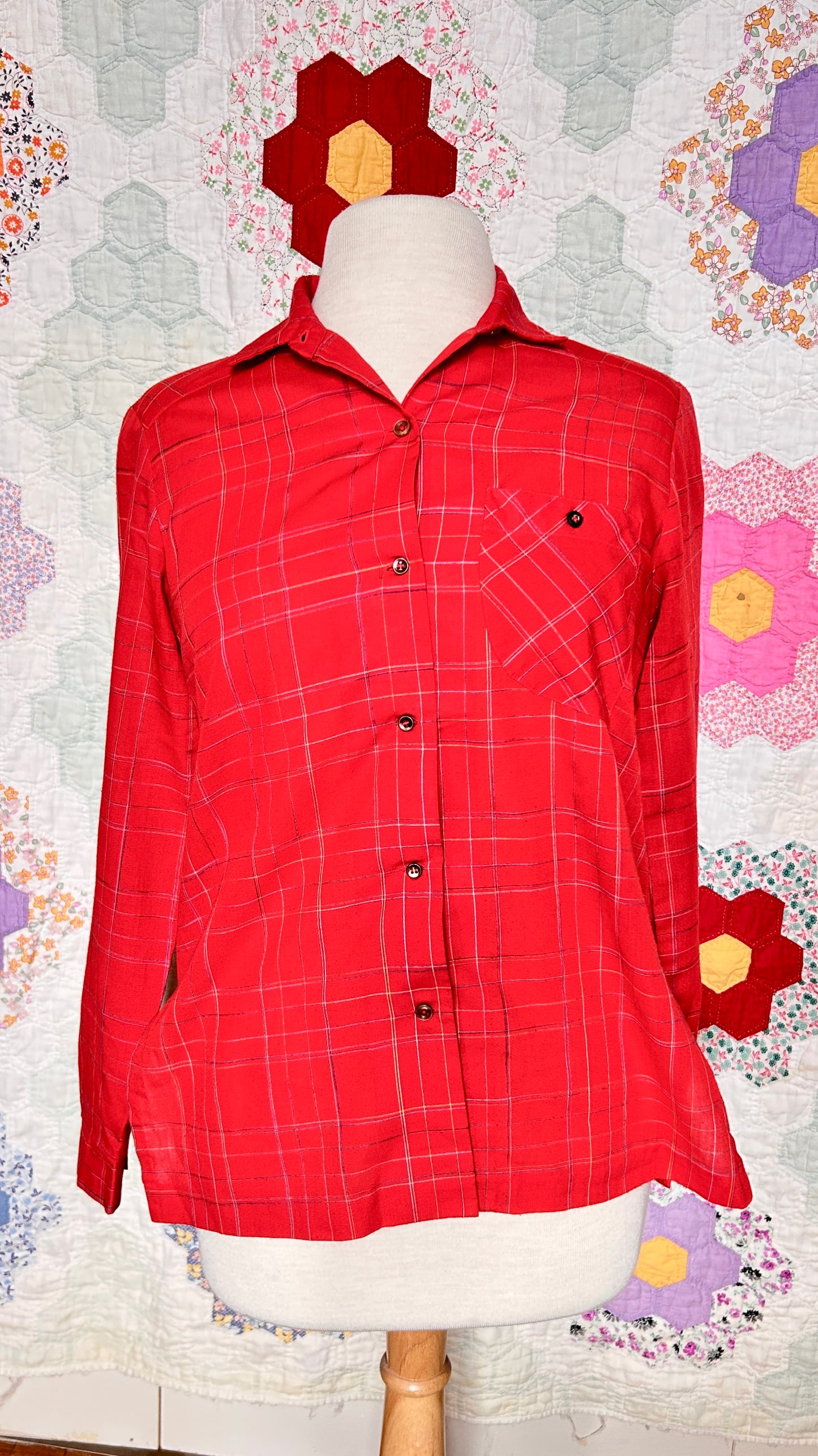 1970s red plaid button-down top, sz. medium