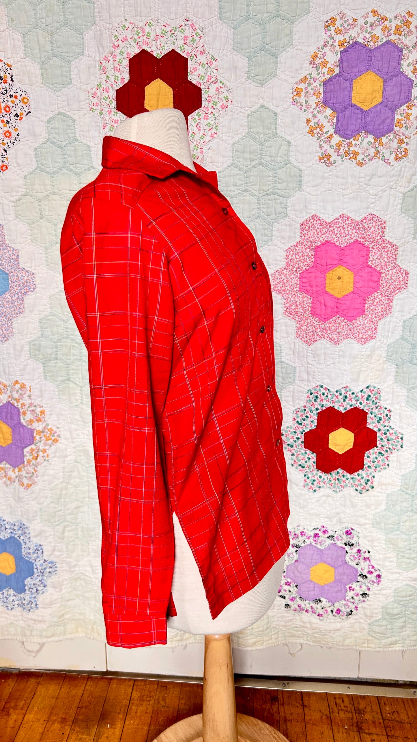 1970s red plaid button-down top, sz. medium