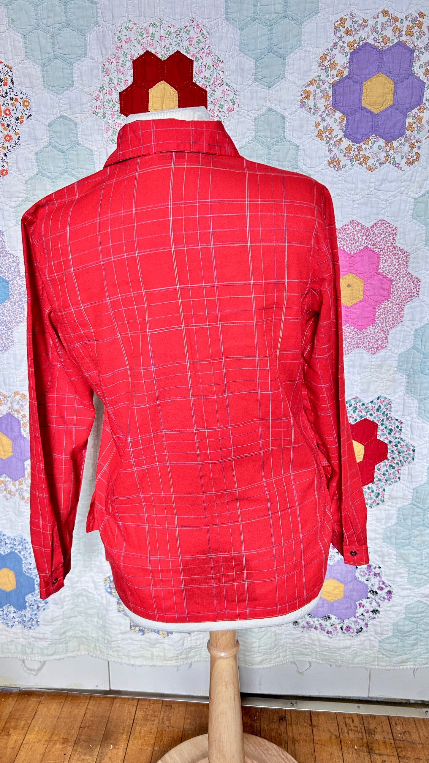1970s red plaid button-down top, sz. medium