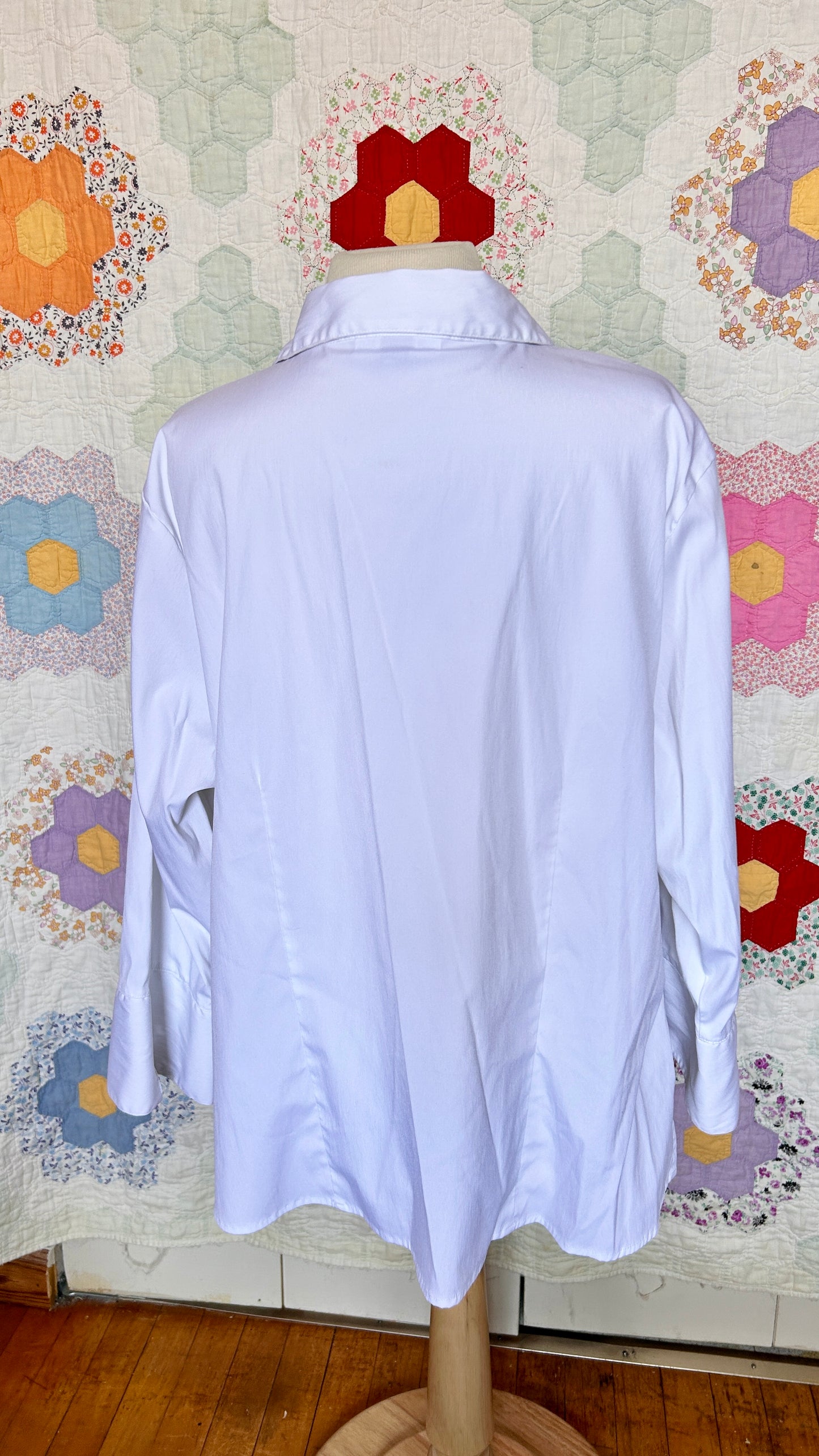 reworked white shirt with jumbo mismatched gold buttons, sz. 1X/2X