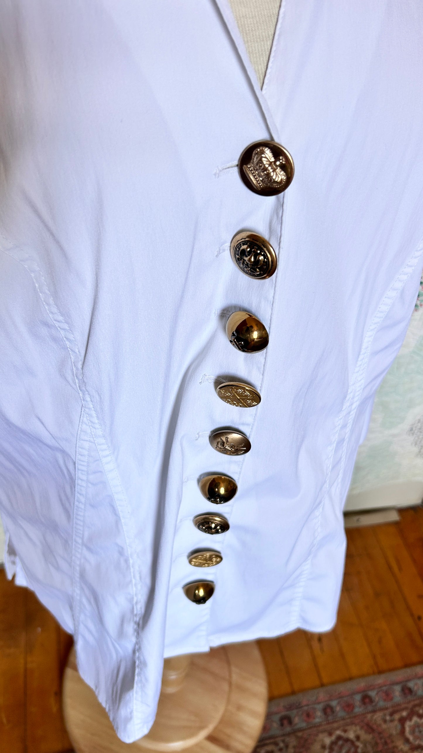 reworked white shirt with jumbo mismatched gold buttons, sz. 1X/2X