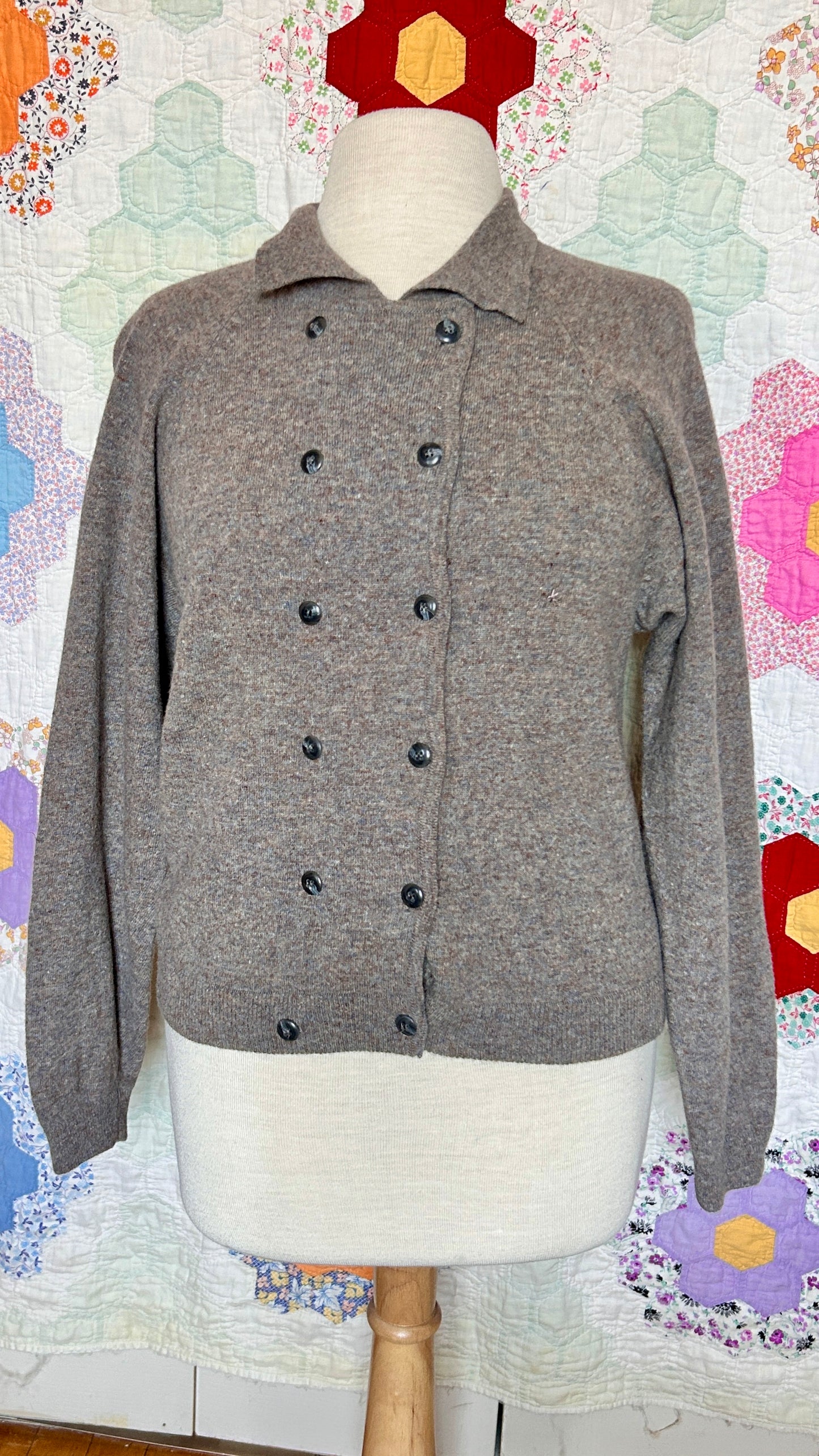 1990s taupe double-breasted cardigan sweater, sz. medium