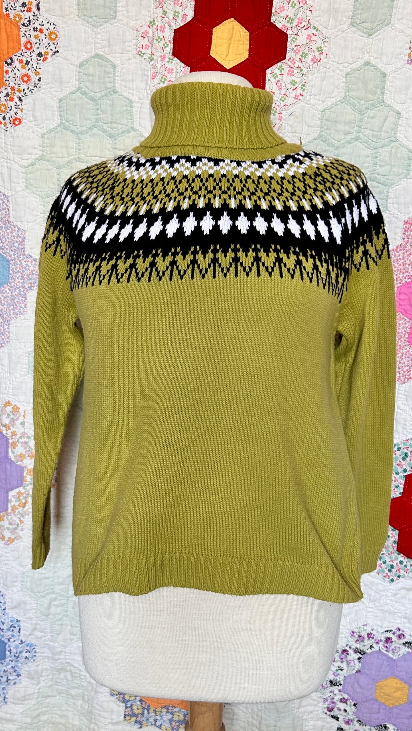 1990s green fair isle turtleneck sweater, sz. medium