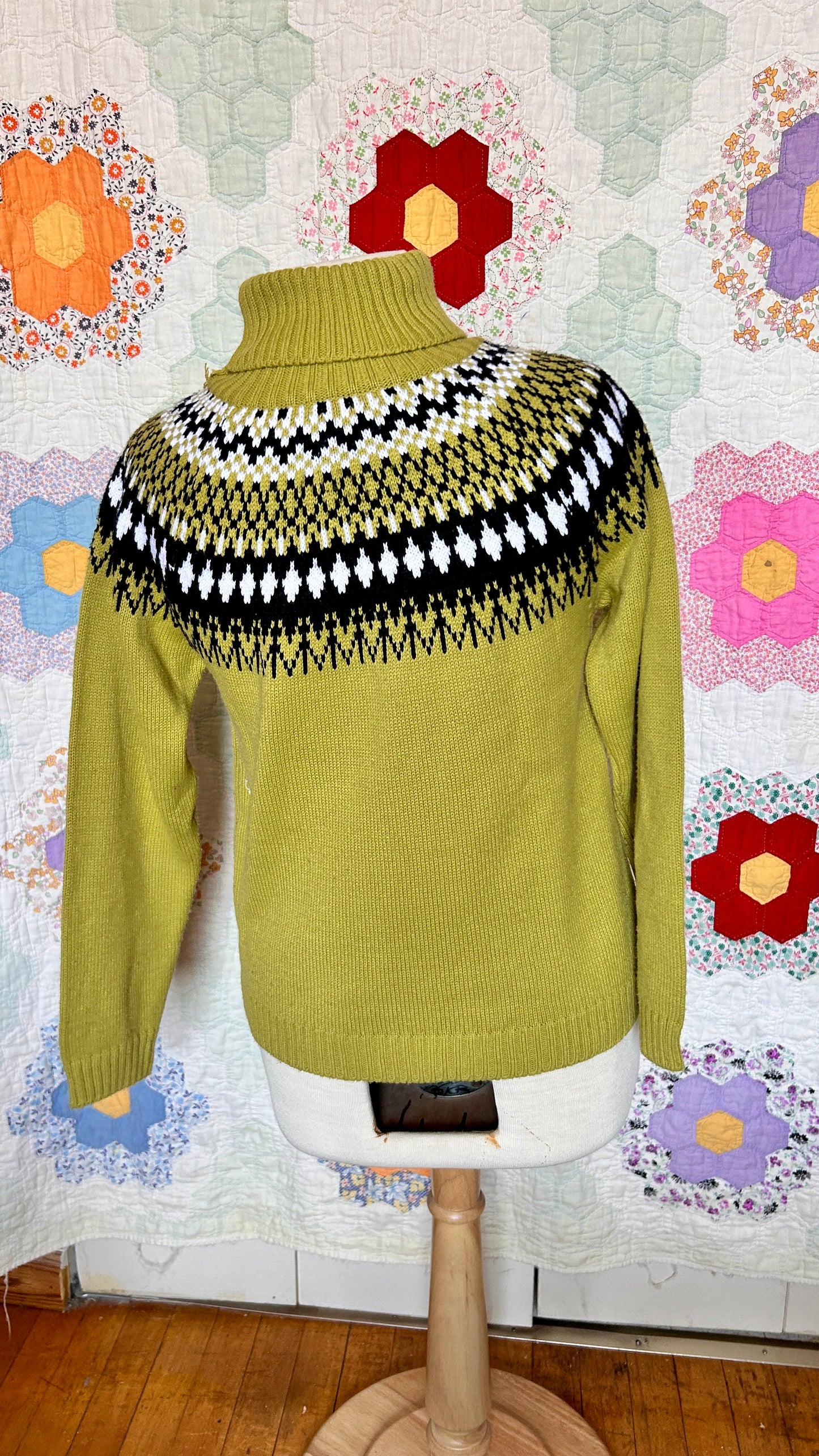1990s green fair isle turtleneck sweater, sz. medium