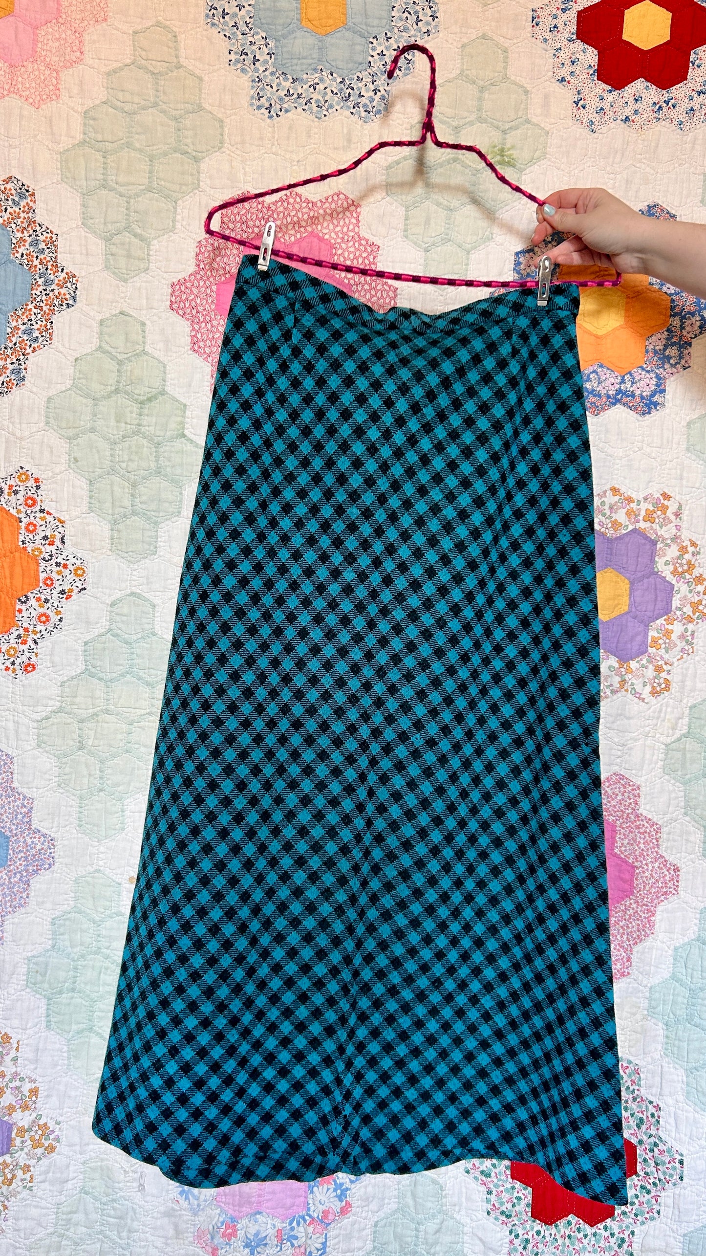 1960s teal + black plaid maxi skirt, sz. small/medium