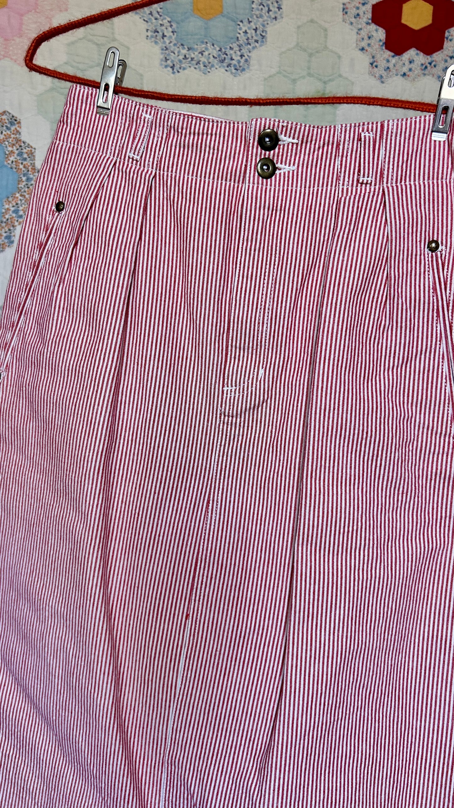 1980s red + white stripe midi skirt, sz. small