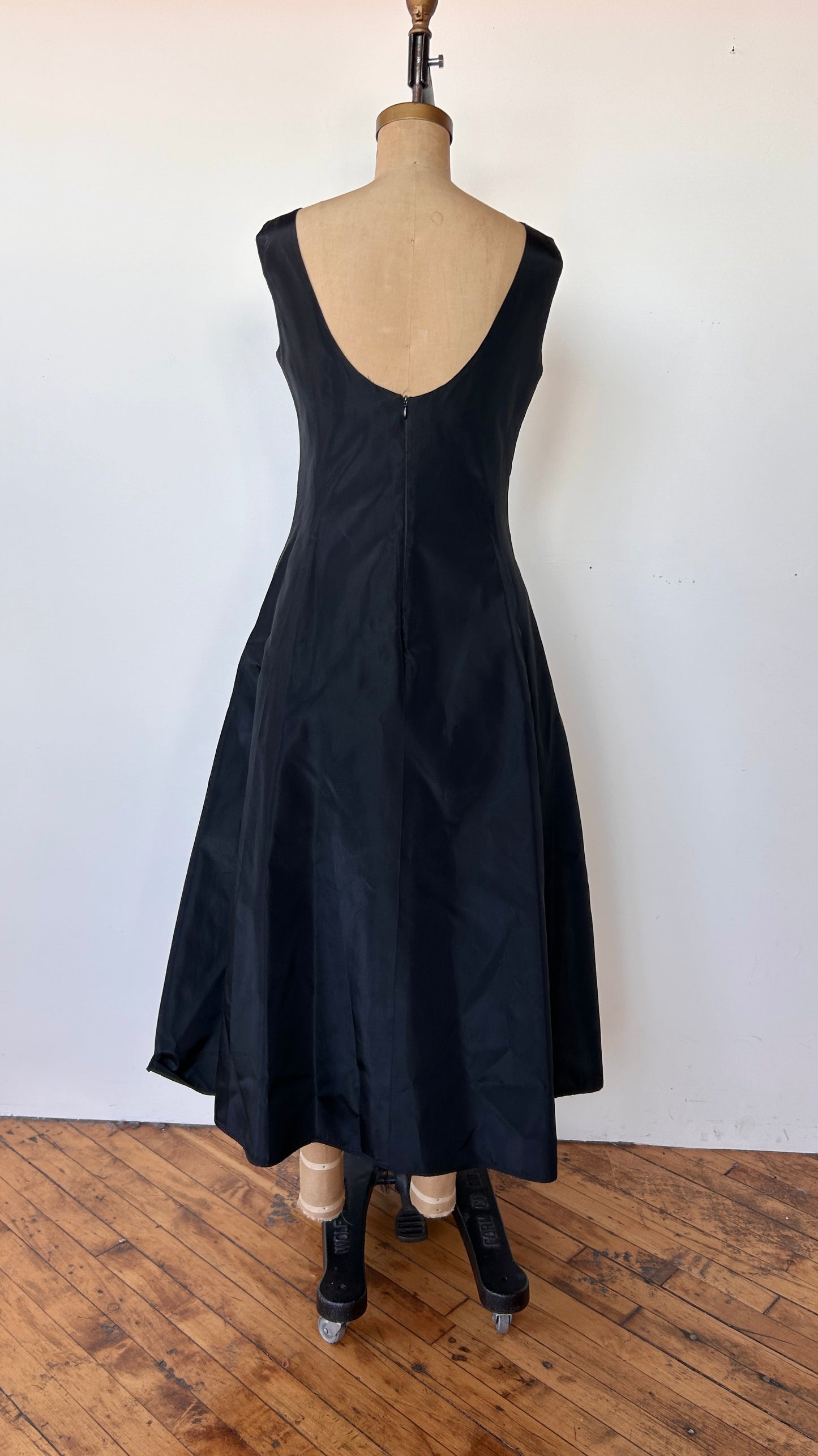 1990s black a-line maxi cocktail gown, sz. medium