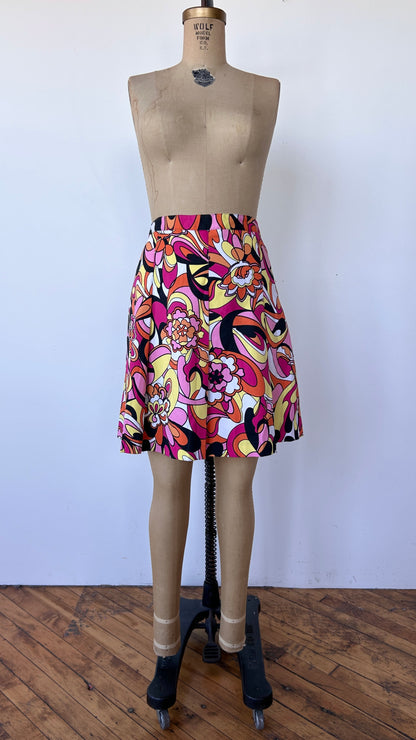 2000s pink + orange mod floral mini skirt, sz. XL