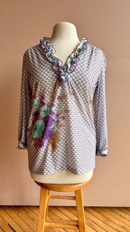 1970s white + purple peasant-style floral shirt, sz. medium/large