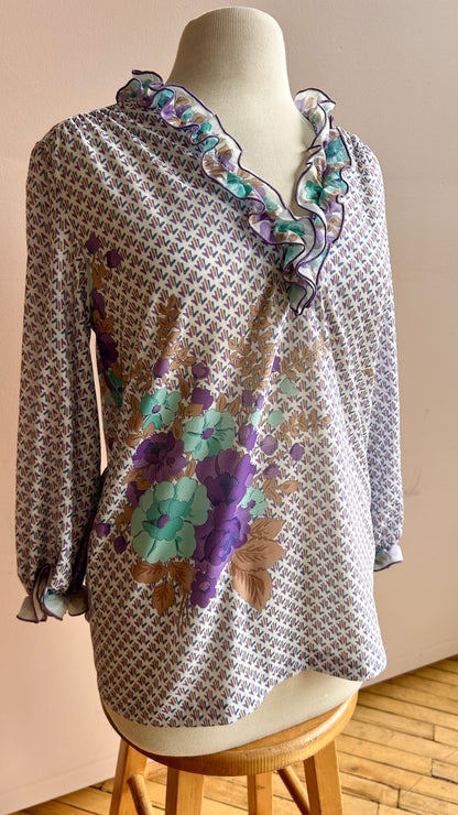 1970s white + purple peasant-style floral shirt, sz. medium/large