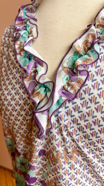 1970s white + purple peasant-style floral shirt, sz. medium/large