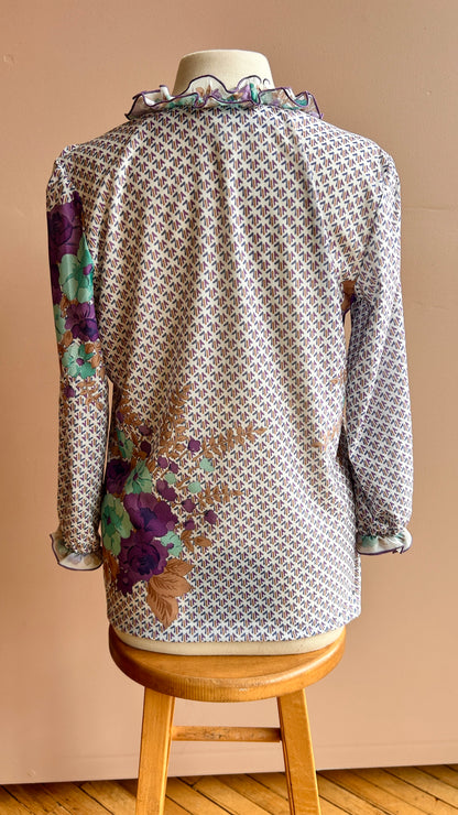 1970s white + purple peasant-style floral shirt, sz. medium/large