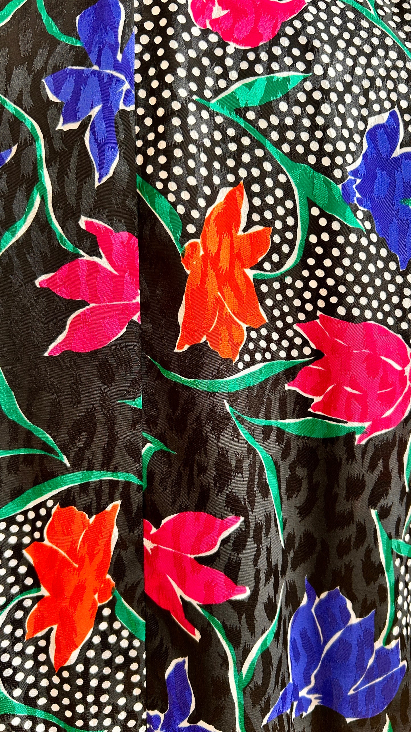 1980s black + multicolor floral + polka dot blouse, sz. XL/1X